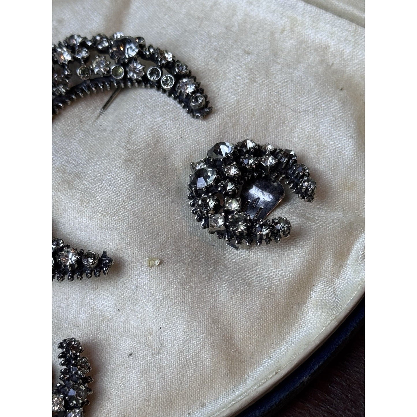 Vintage Rhinestone Crescent Moon Brooch Earrings Set Gray Clear Clip-On 3 Pc