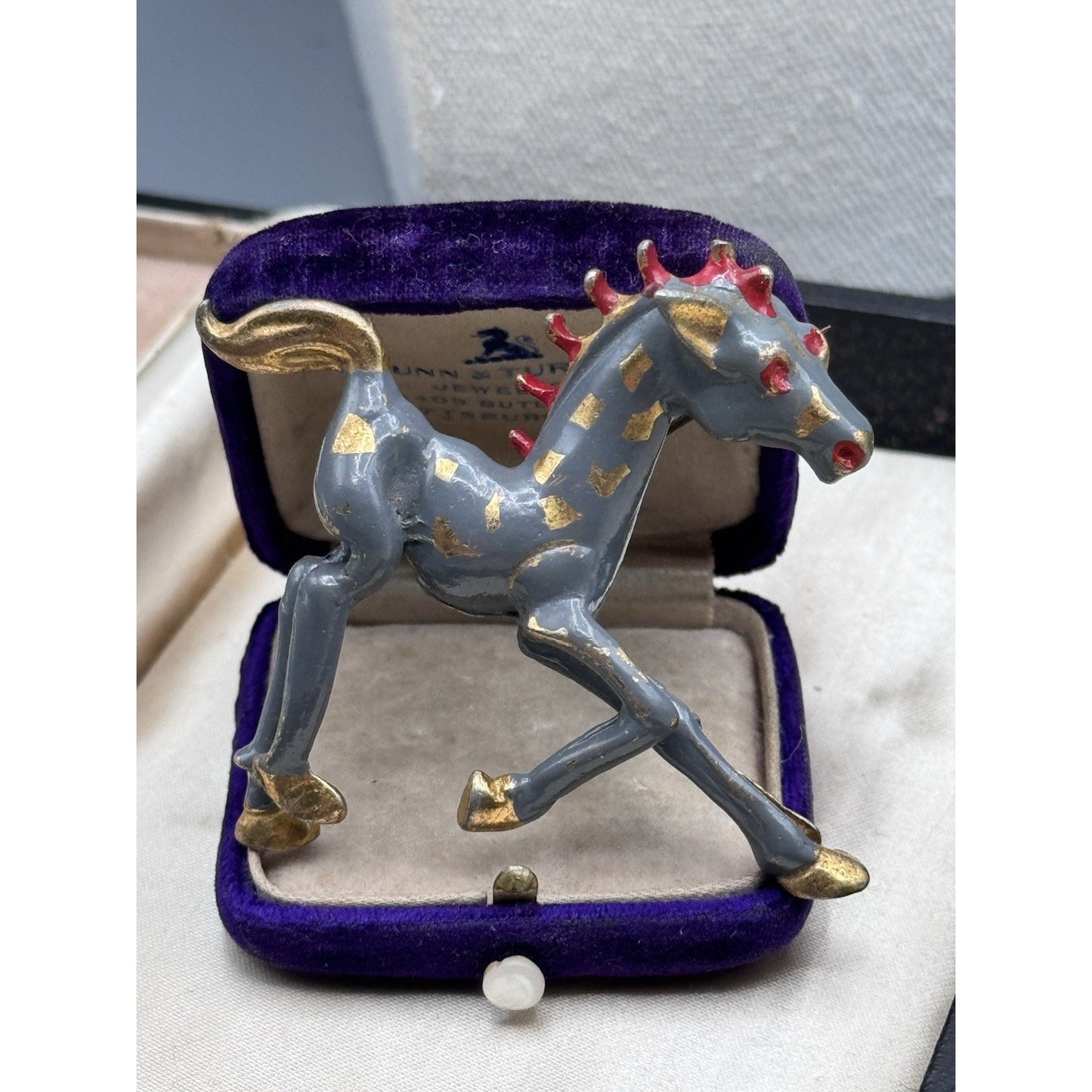 Vintage Horse Brooch Hand Painted Gray Red Gold Enameled Figural Equestrian