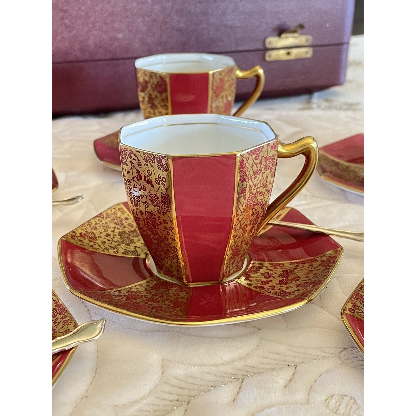 ART DECO Picnic Boxed GIFT Tea Set Sterling Spoons Mappin & Webb & Royal Doulton