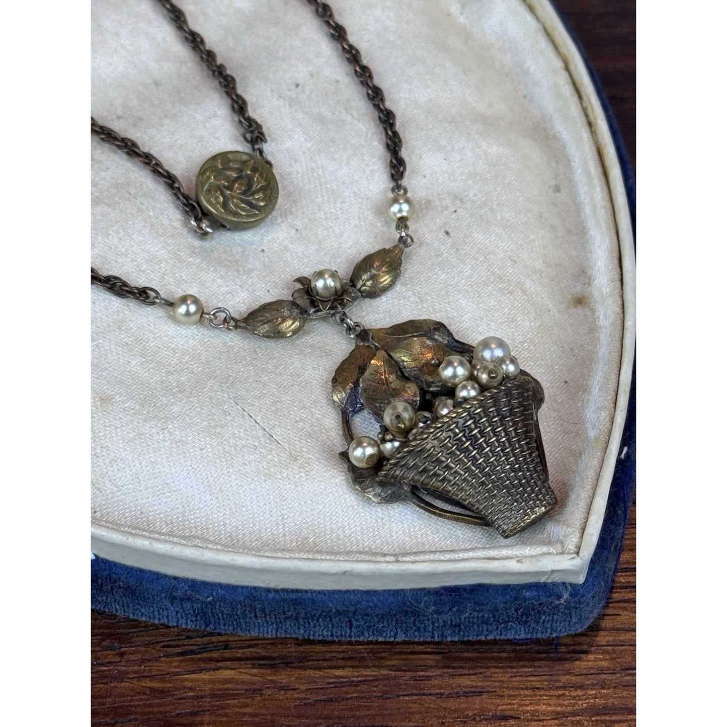 Vintage Floral Basket Necklace Brass Tone Faux Pearl Pendant 16.5” Romantic