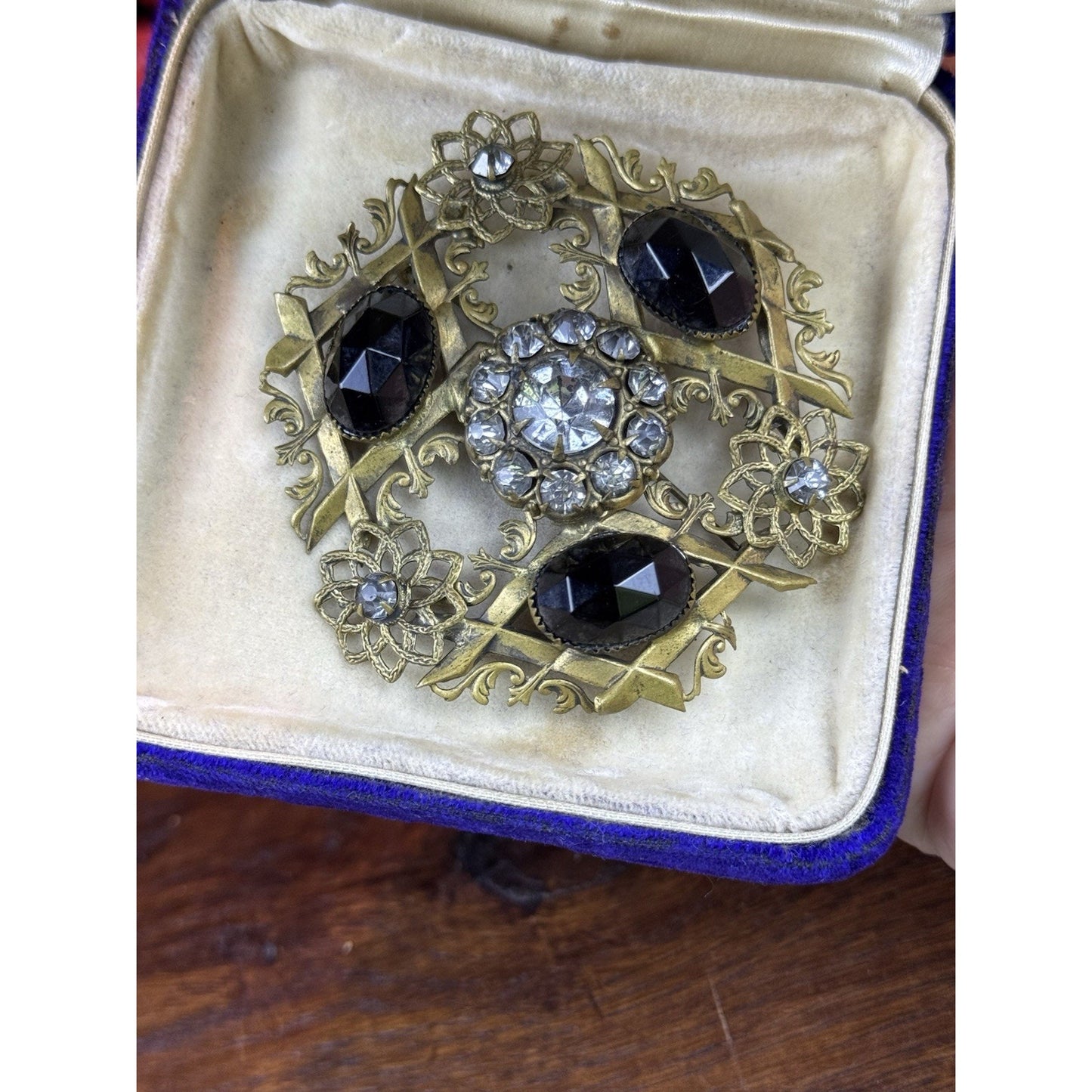 Antique Filigree Brooch Rhinestone Black Glass Floral Goldtone Large 2.5”