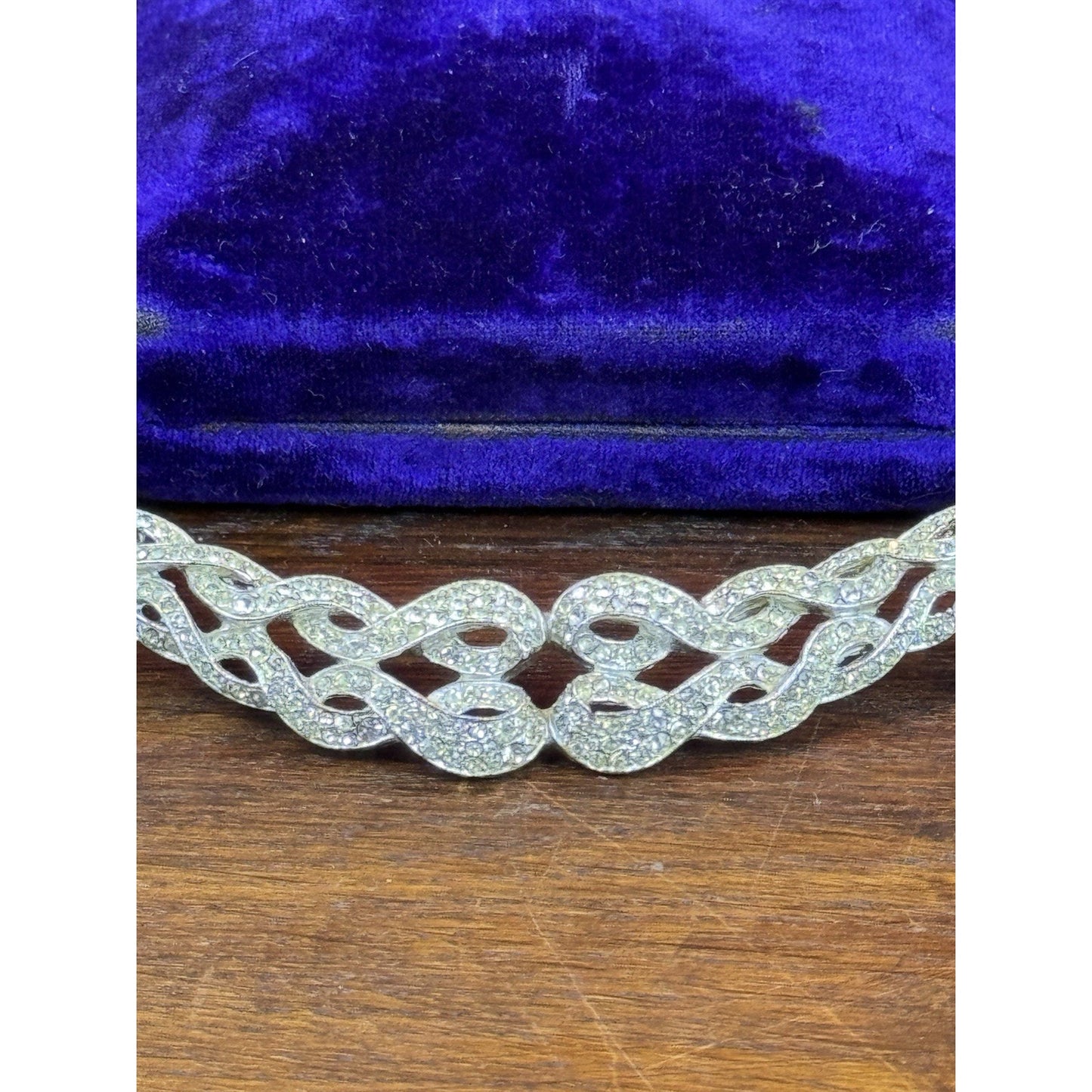 Vintage Rhinestone Collar Necklace Silvertone Mesh Art Deco Style Statement 14”