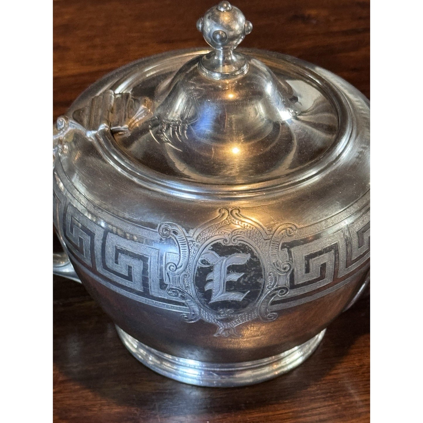 Silverplate Teapot Reed & Barton Greek Key Monogram E Vintage Tea Pot 10” Shabby