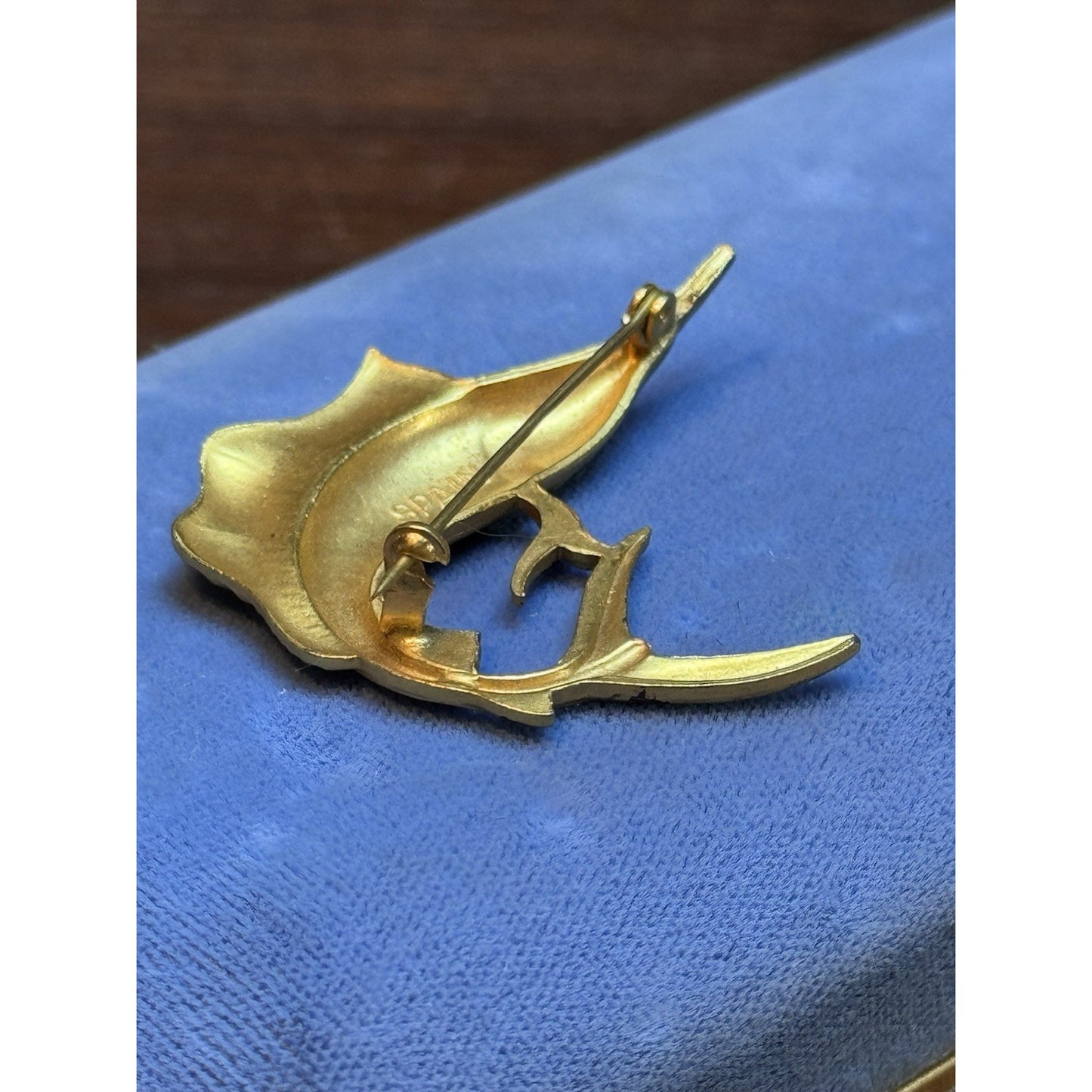Goldtone Spain Damascene Brooch Pin Enamel Swordfish Marlin Vintage