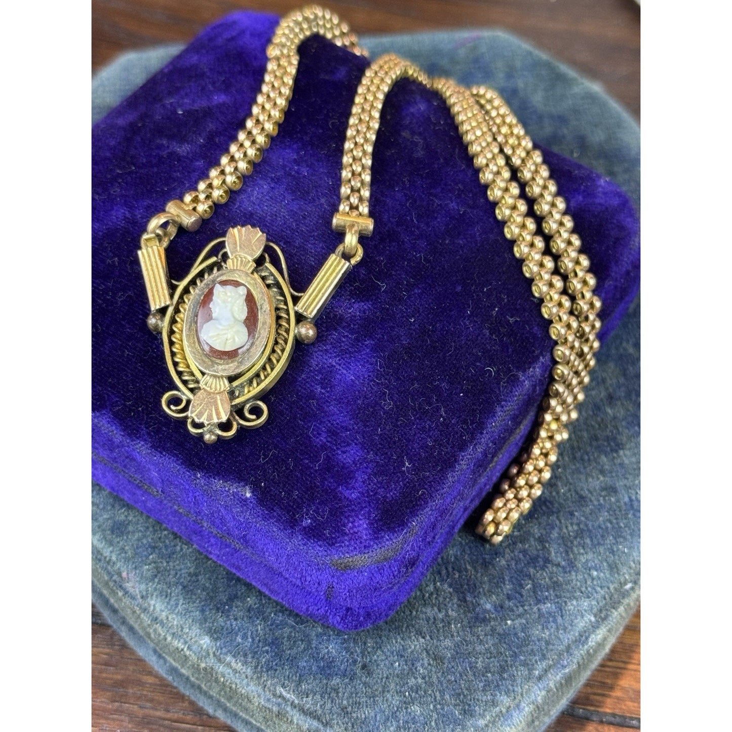 Antique Gold Filled Cameo Necklace Victorian Edwardian Ornate Filigree 18.5”