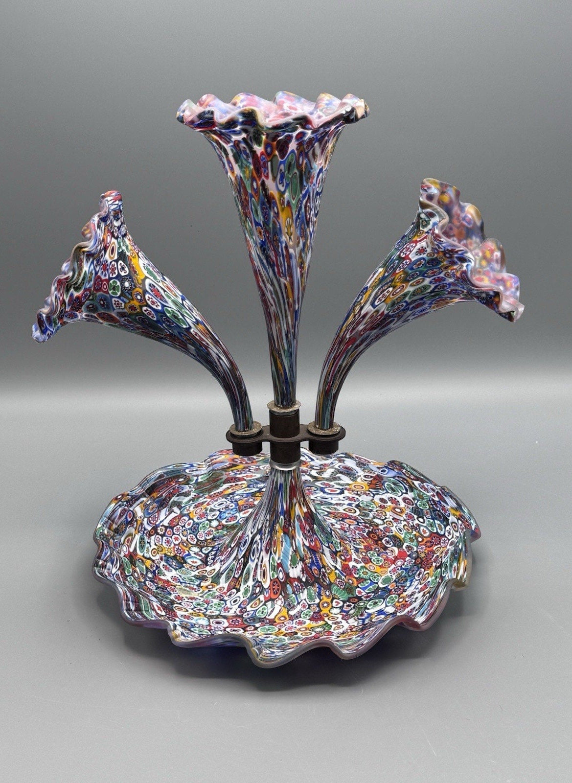 Murano Millefiori Epergne Art Glass 3 Horn Centerpiece Vase 1860 Cane 11.5”