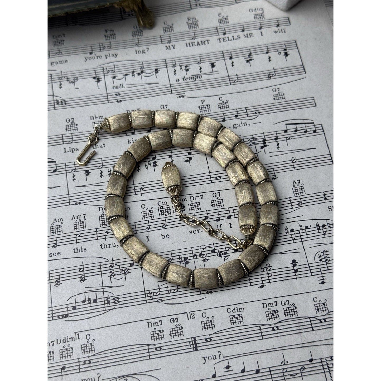 Vintage Trifari Goldtone Beaded Choker Necklace Brushed Finish 15.5” Signed