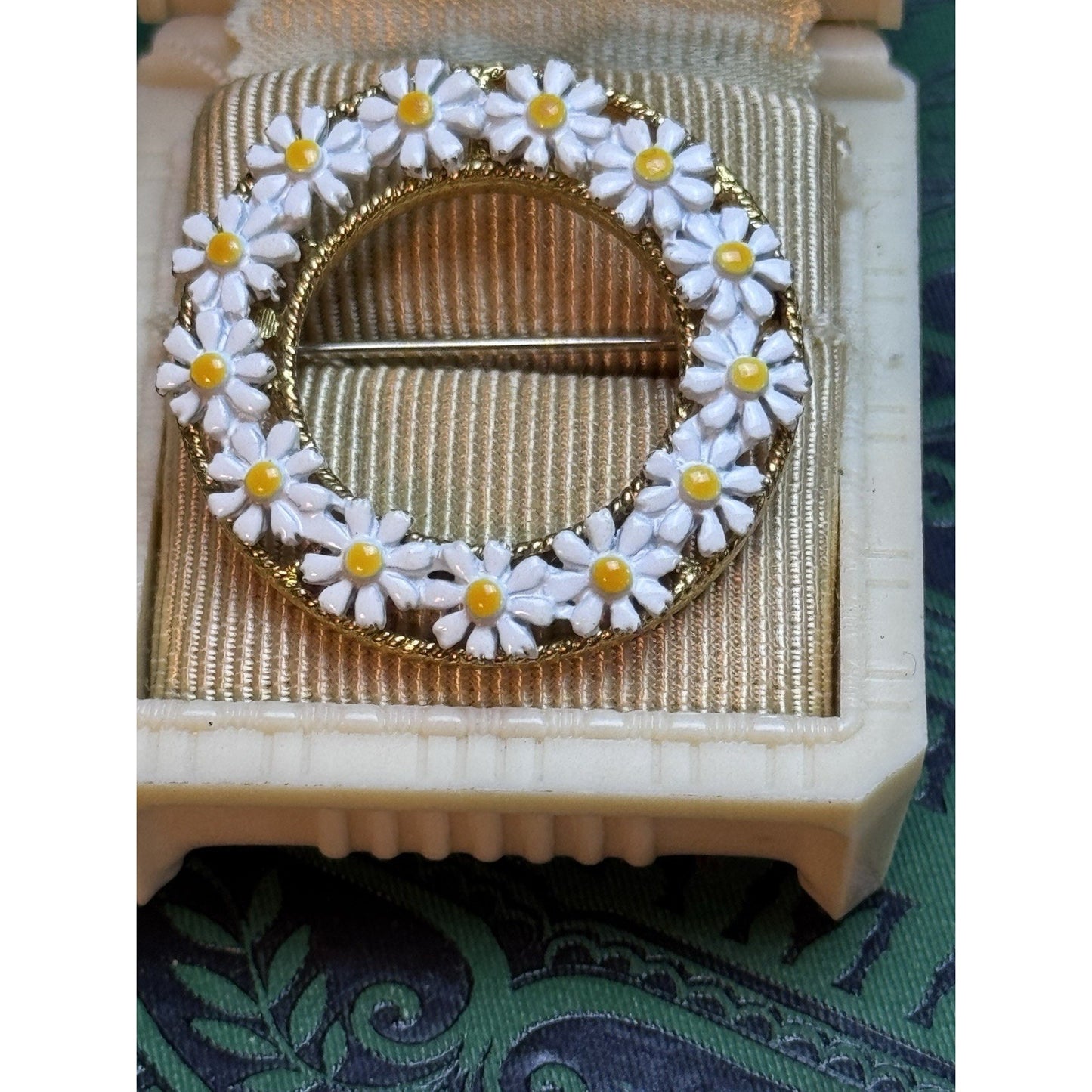 Vintage Daisy Brooch Earrings Set White Enamel Goldtone Clip On Patented