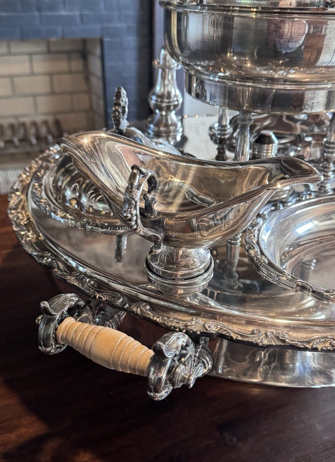 Silverplate Bain Marie Lazy Susan Server Chafing Dish 3 Covered Entree Set