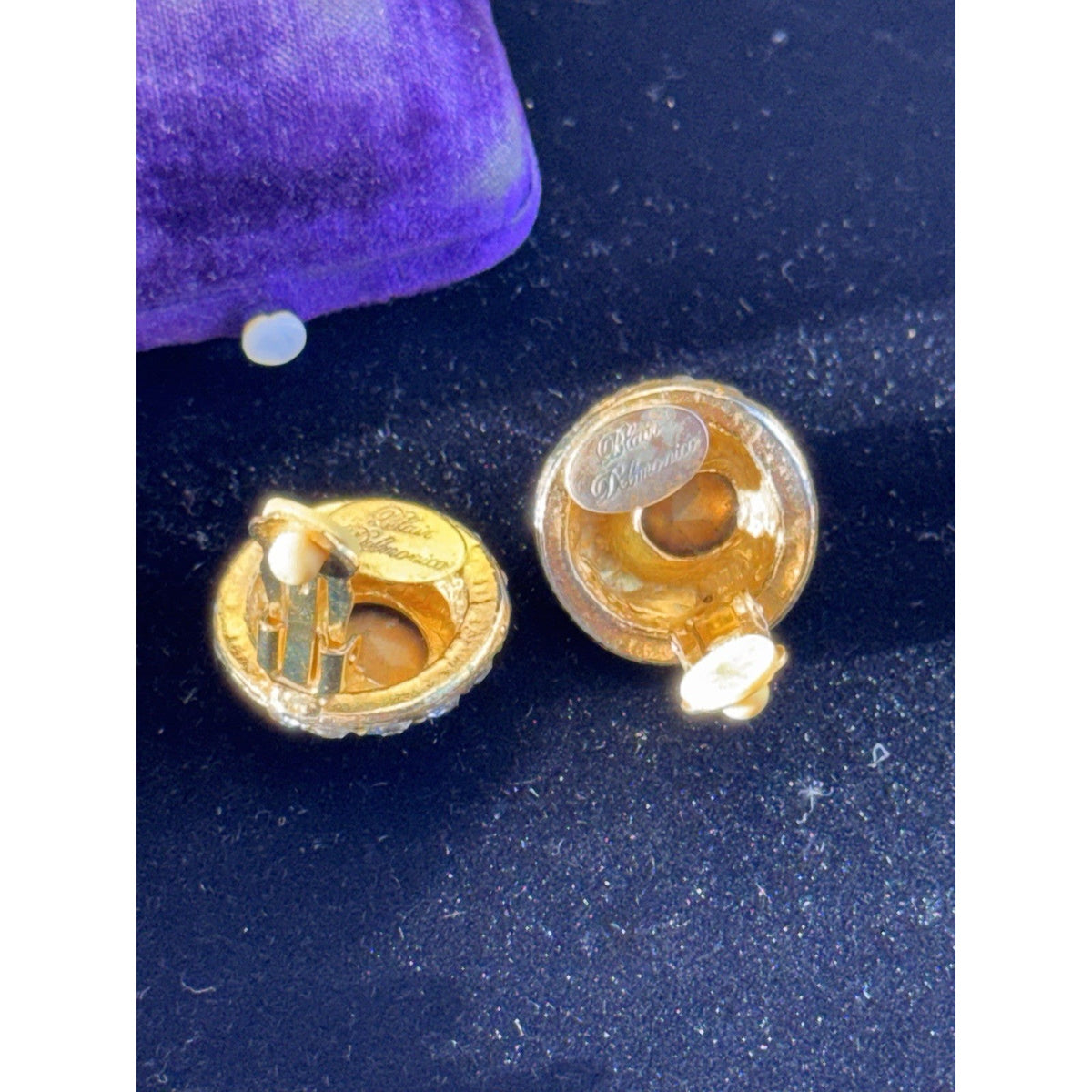 Blair Delmonico Clip On Earrings Purple Clear Rhinestone Round Vintage