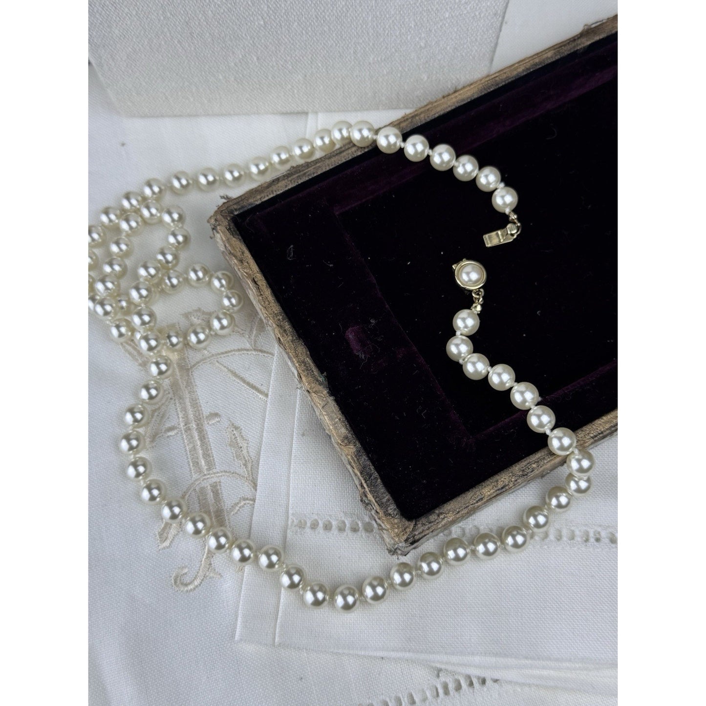 Vintage Faux Pearl Necklace 28.5” Knotted 7mm Pearls Goldtone Clasp Classic