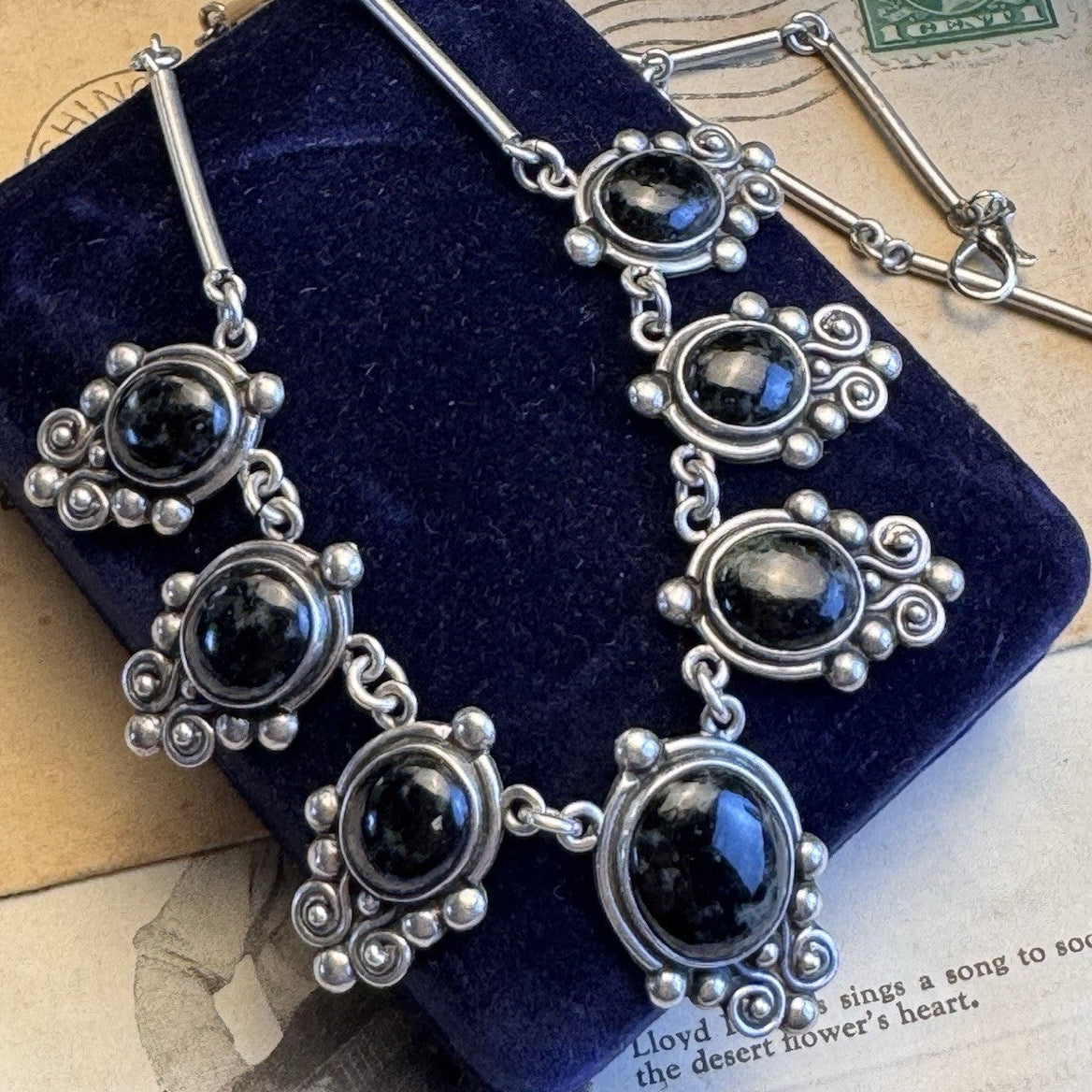 925 Silver Necklace Black Speckled Stone Cabochons Scrollwork Bar Link