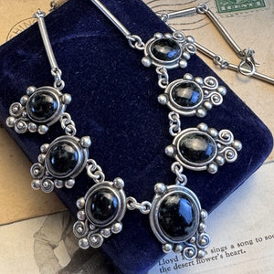 925 Silver Necklace Black Speckled Stone Cabochons Scrollwork Bar Link