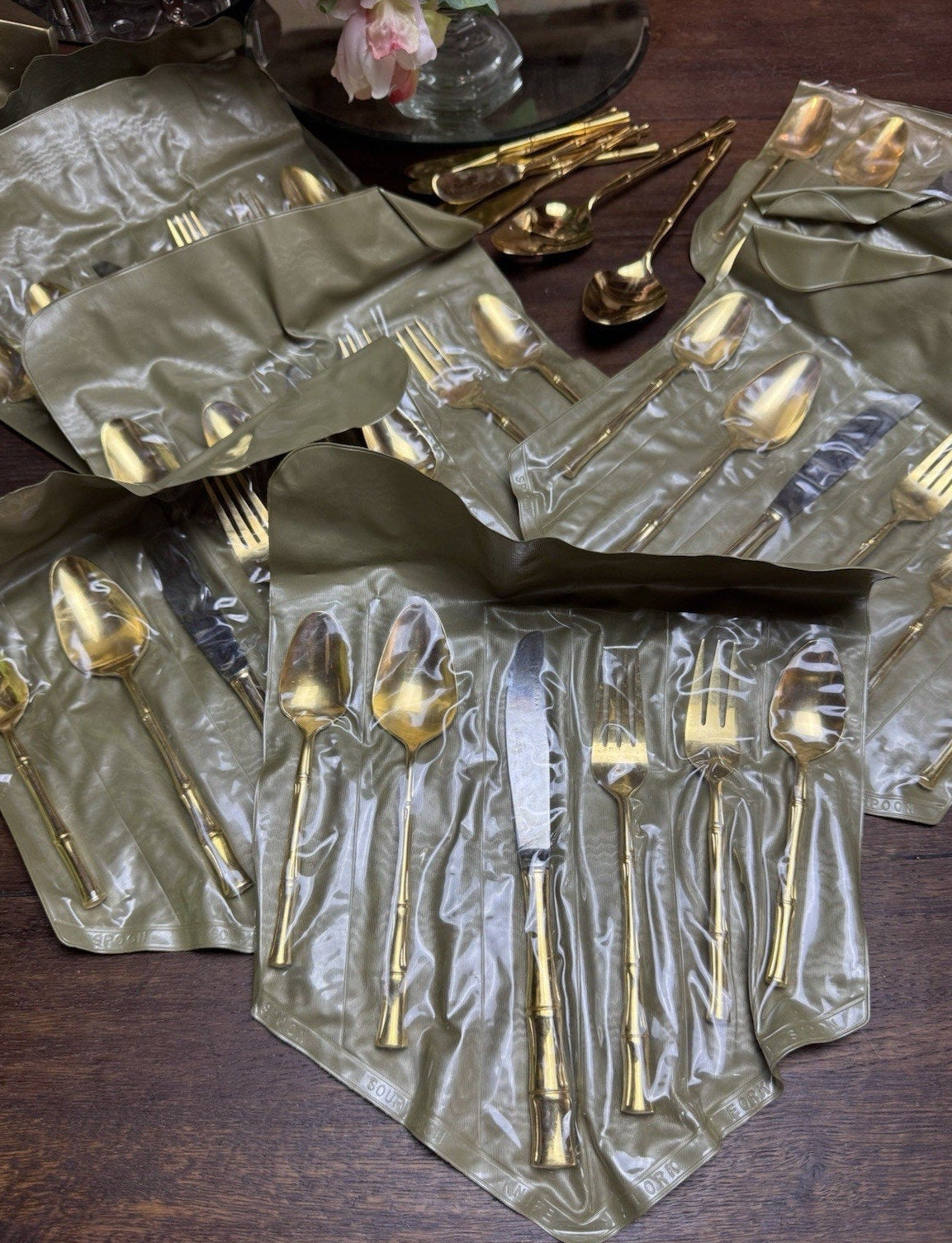 Vintage Bamboo Flatware Set Signed VS Gold Plated– 58 Pieces