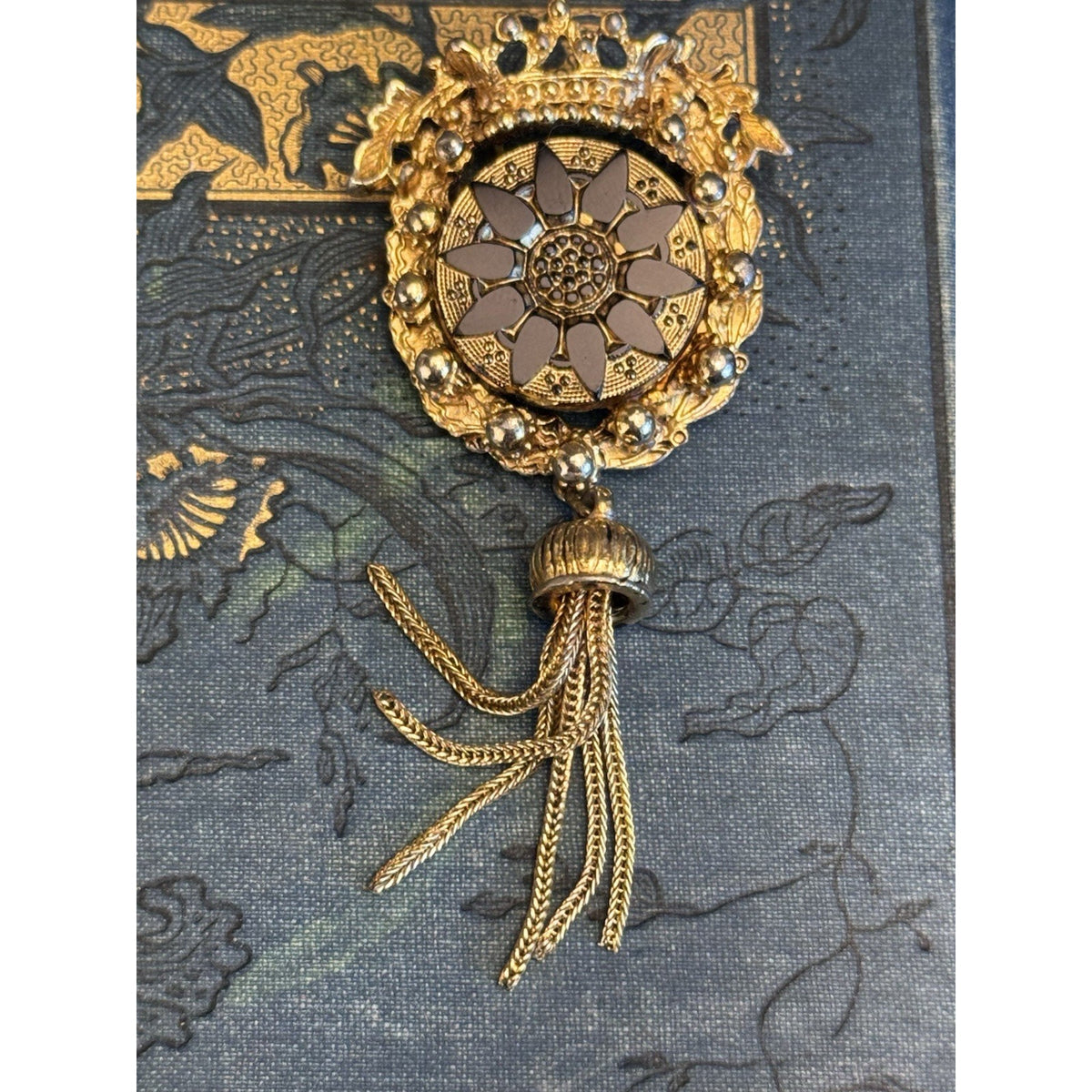 Vintage Brooch Signed SPHINX Black Goldtone Tassel Dangle Statement 3.25”