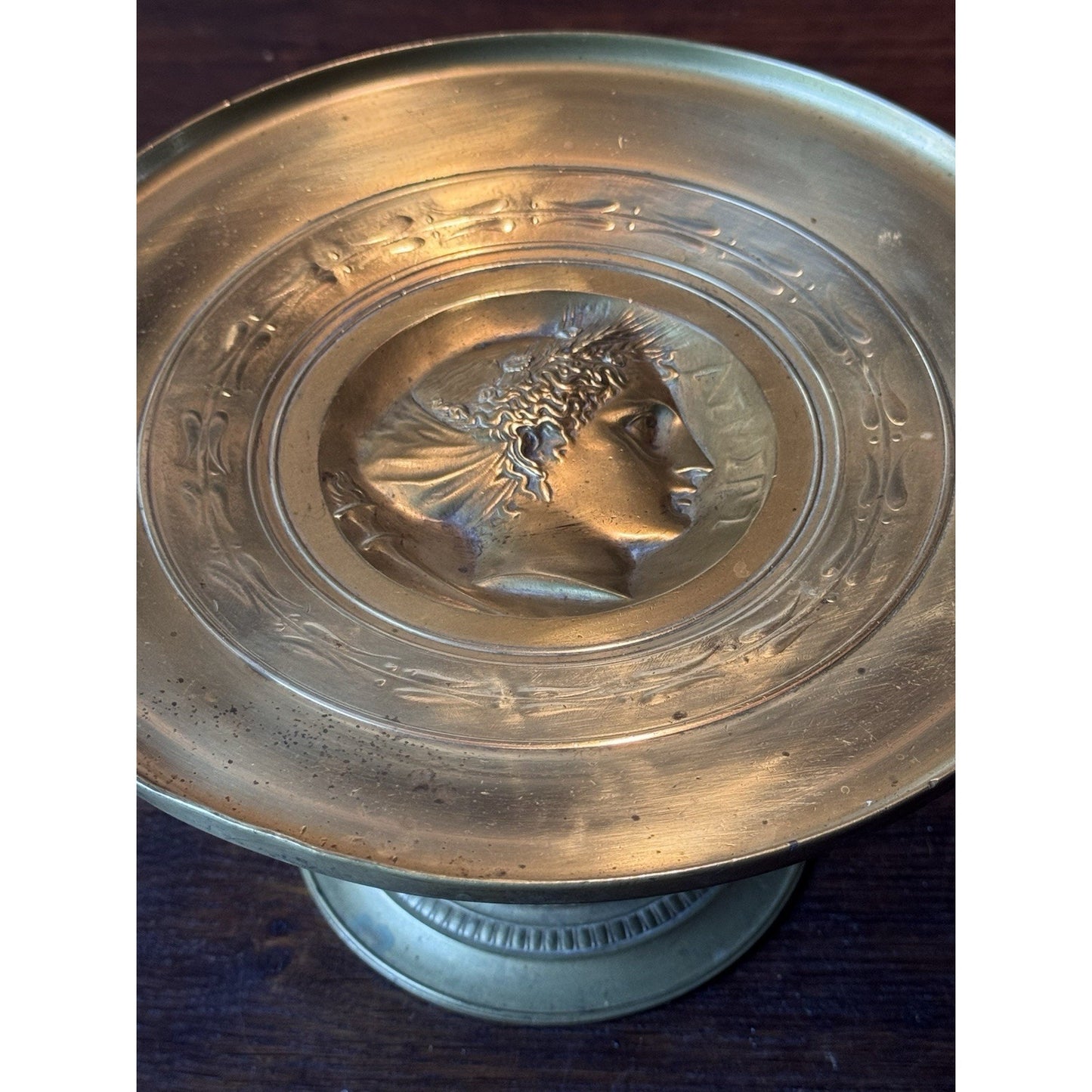 Antique Brass Tazza Compote Classical Medallion Pedestal Dish 14” Handles