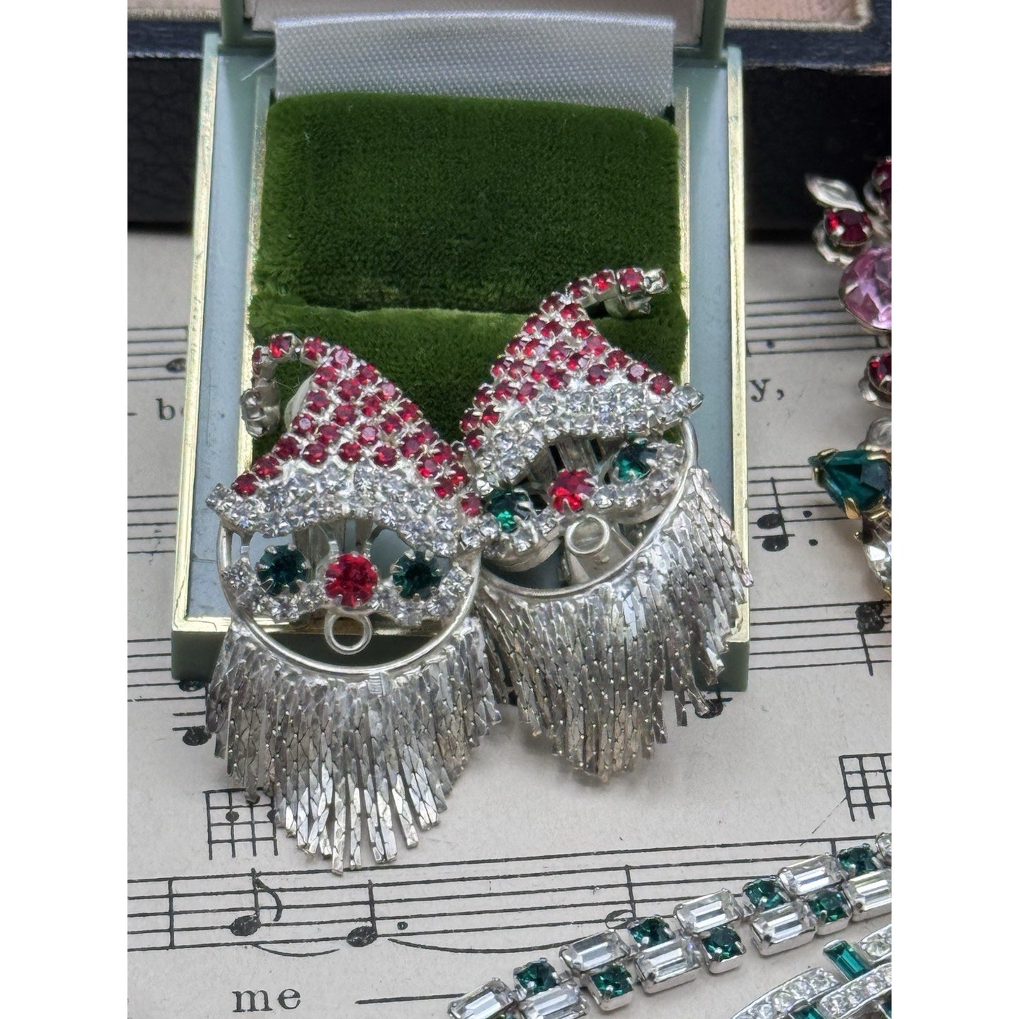 Vintage Santa Clip On Earrings Red Green Clear Rhinestone Fringe Beard