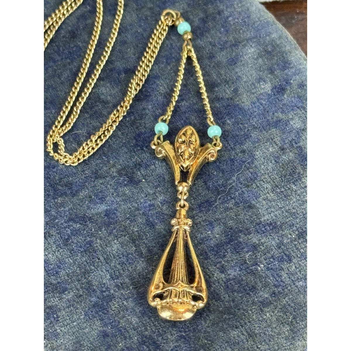 Vintage ART Lavalier Necklace Goldtone Turquoise Blue Beads 16” Signed Pendant