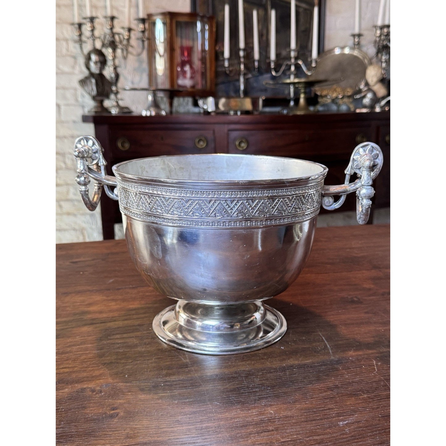 Antique Silver-plate Wine Cooler Champagne Bucket Neoclassical Footed Urn Planter Handles 13.25”