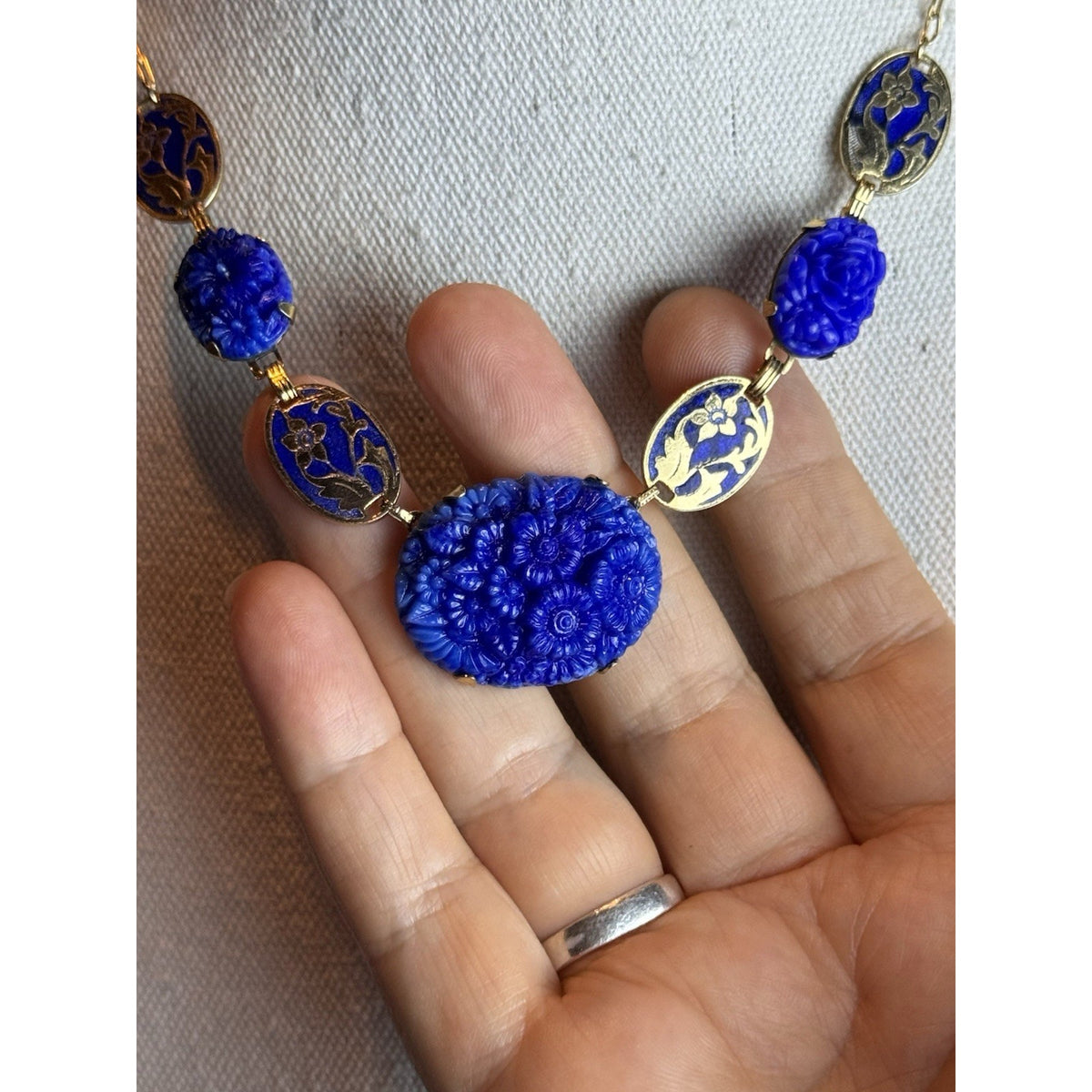Vintage Czech Necklace Blue Pressed Glass Floral Enamel Goldtone Art Deco 16”