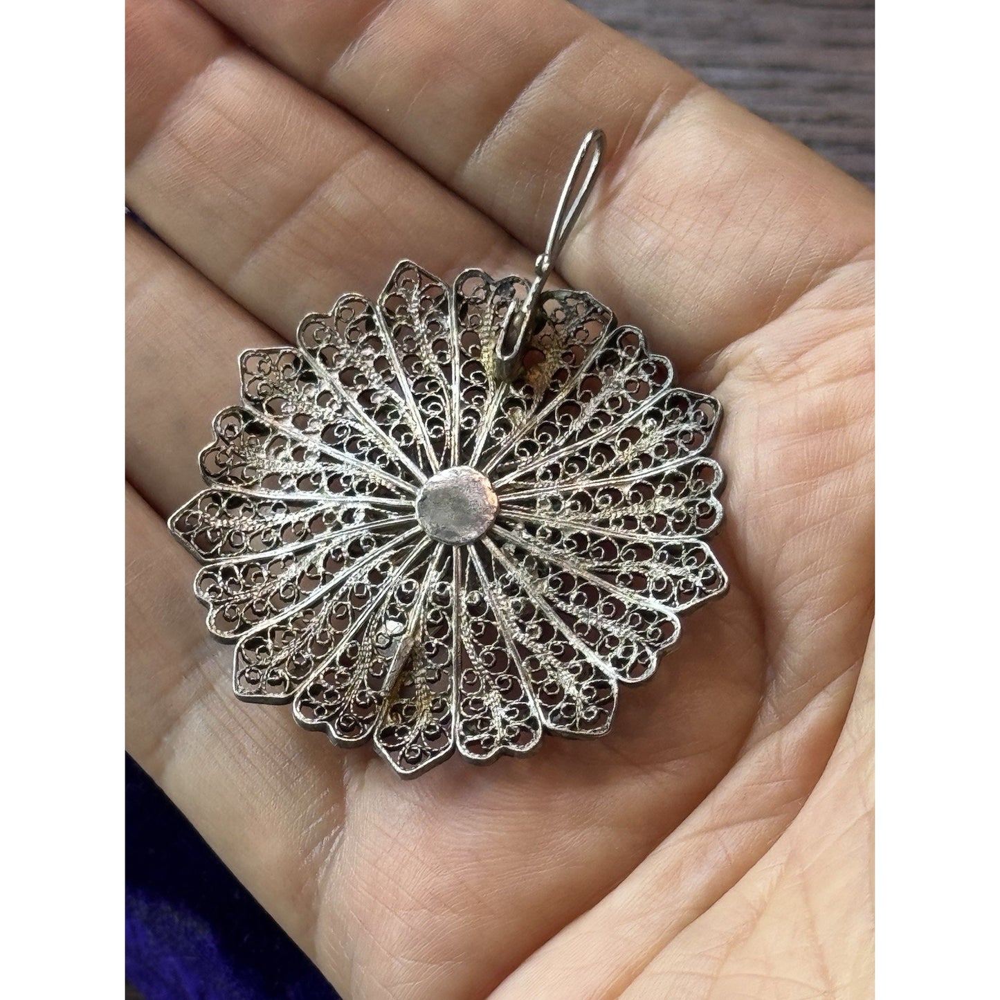 Vintage Silver Filigree Flower Pendant Tested Silver 1.75” Statement Jewelry