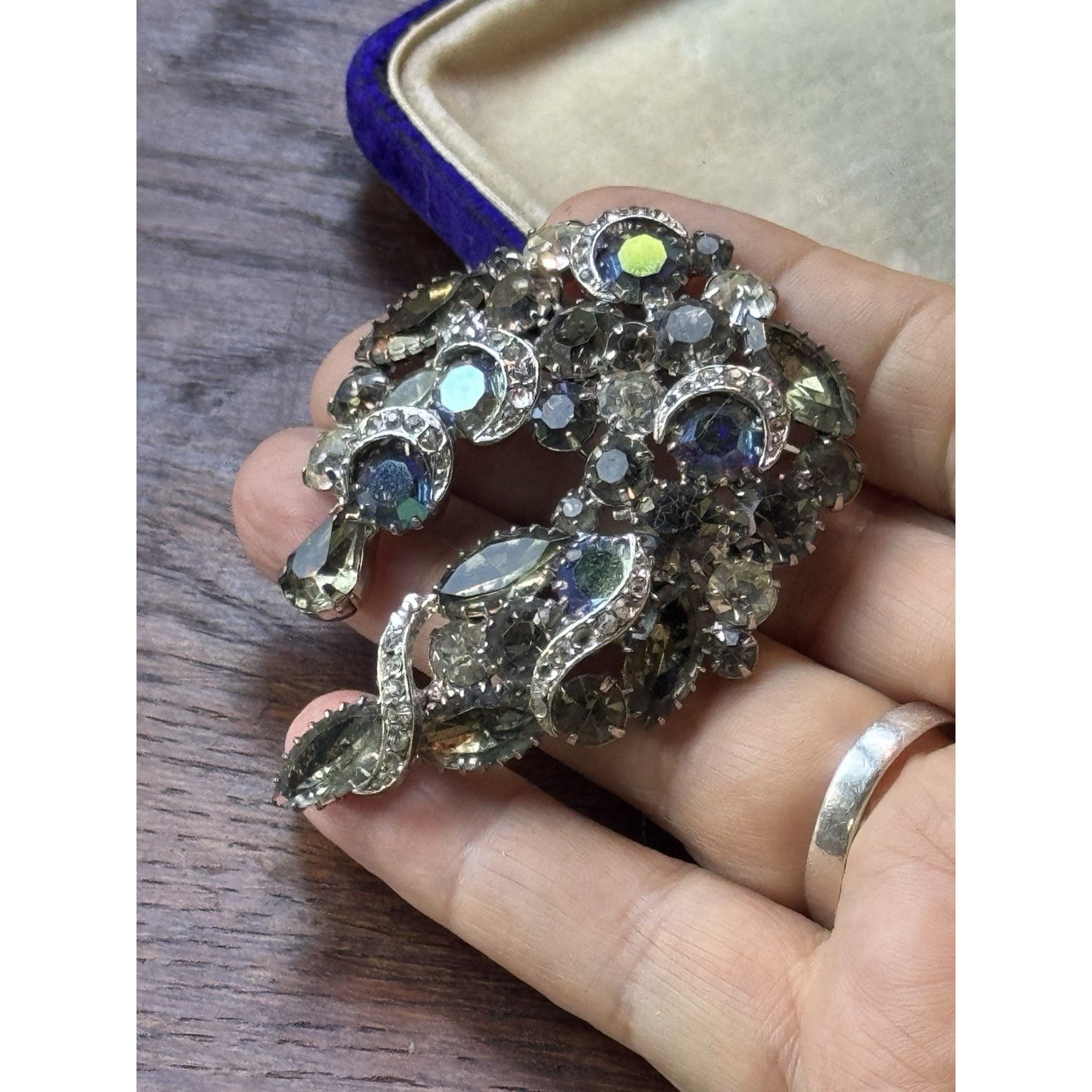 Vintage Rhinestone Brooch 2.5” Smoky Gray Aurora Borealis Crescent Statement