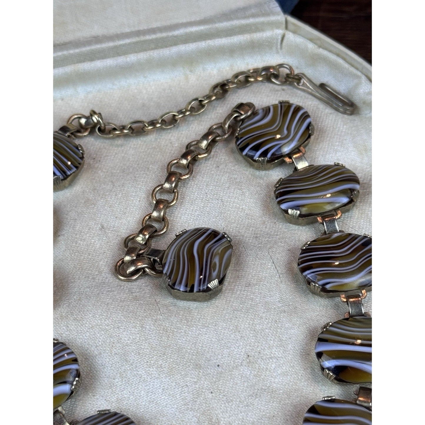 Vintage Goldtone Lucite Faux “Banded Agate” Necklace 16” Oval Panel Statement