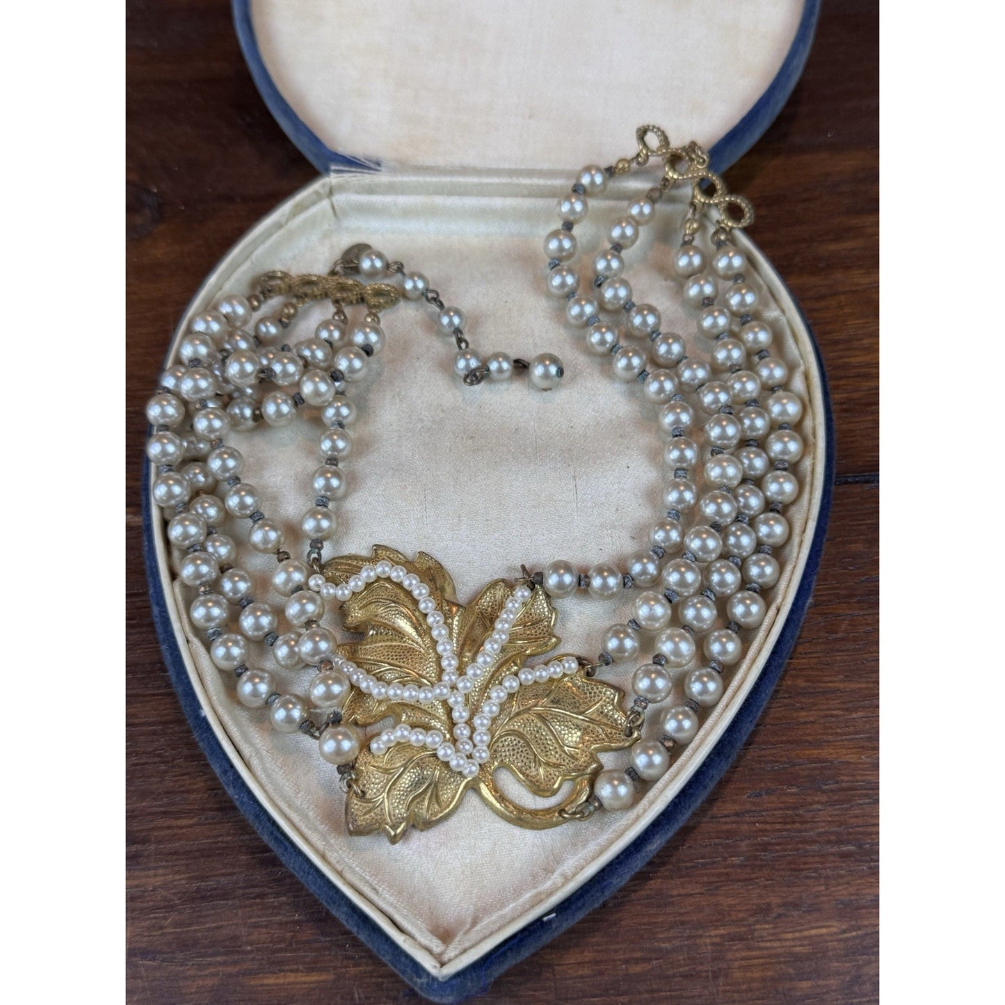 Miriam Haskell Choker Necklace 4 Strand Faux Pearl Goldtone Leaf 18” READ‼️