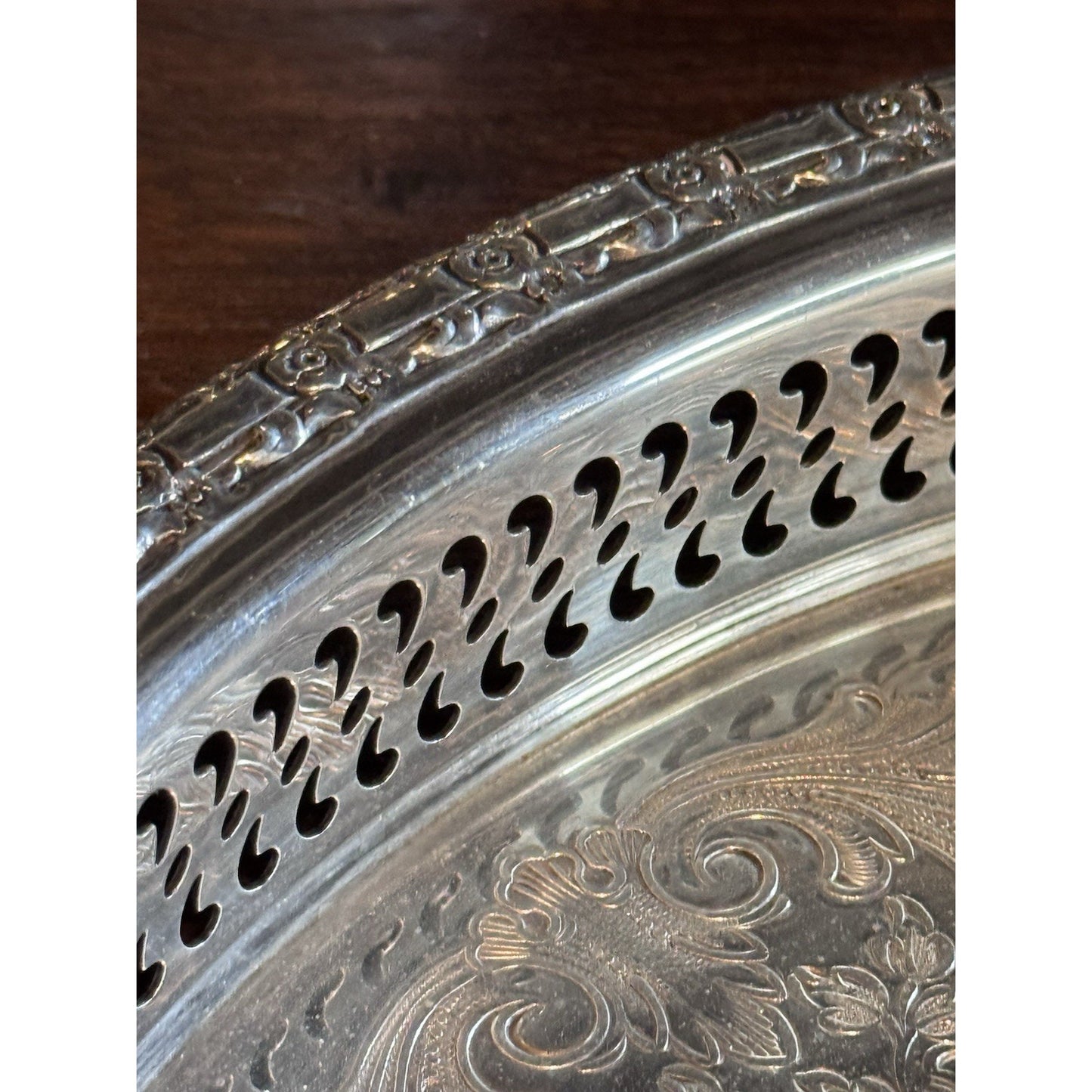 Silverplate Gallery Tray 12” Round Camelot Pattern IS Silver Ornate Serving Tray