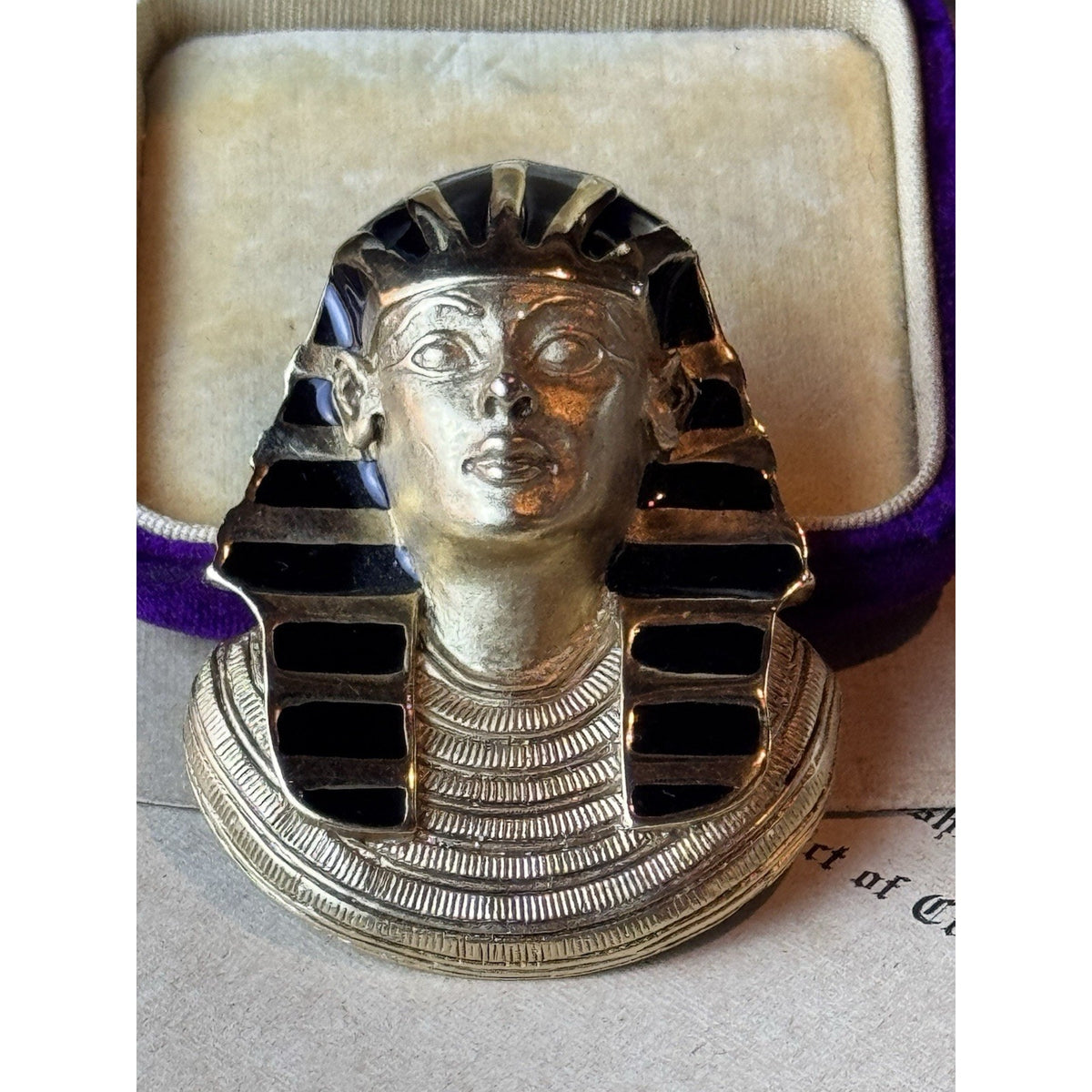 Pharaoh Tutankhamen Brooch Pendant E Pearl Egyptian Revival Black Enamel 2”