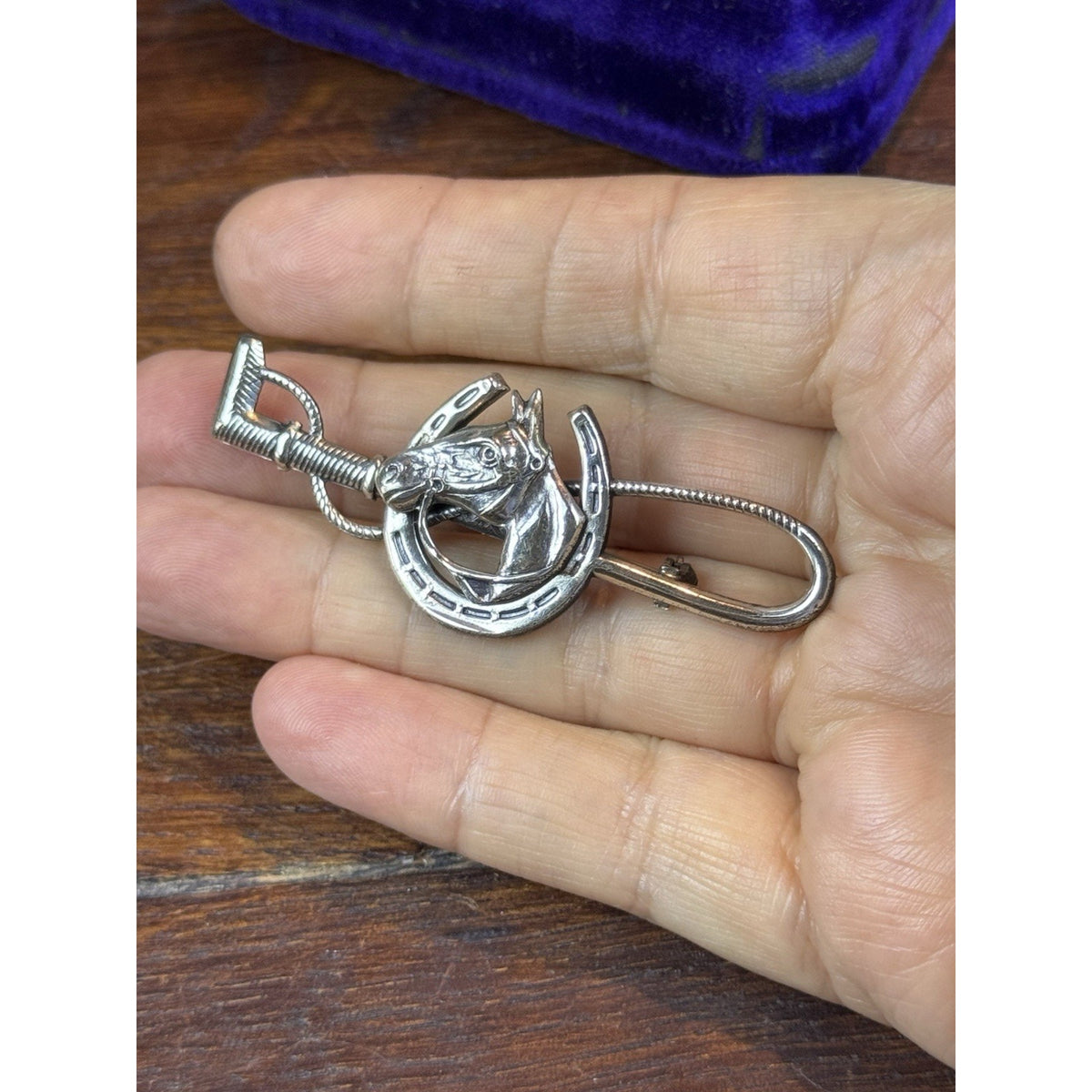 Vintage Sterling Silver Horse Brooch Horseshoe Riding Crop Equestrian Pin 2.5”