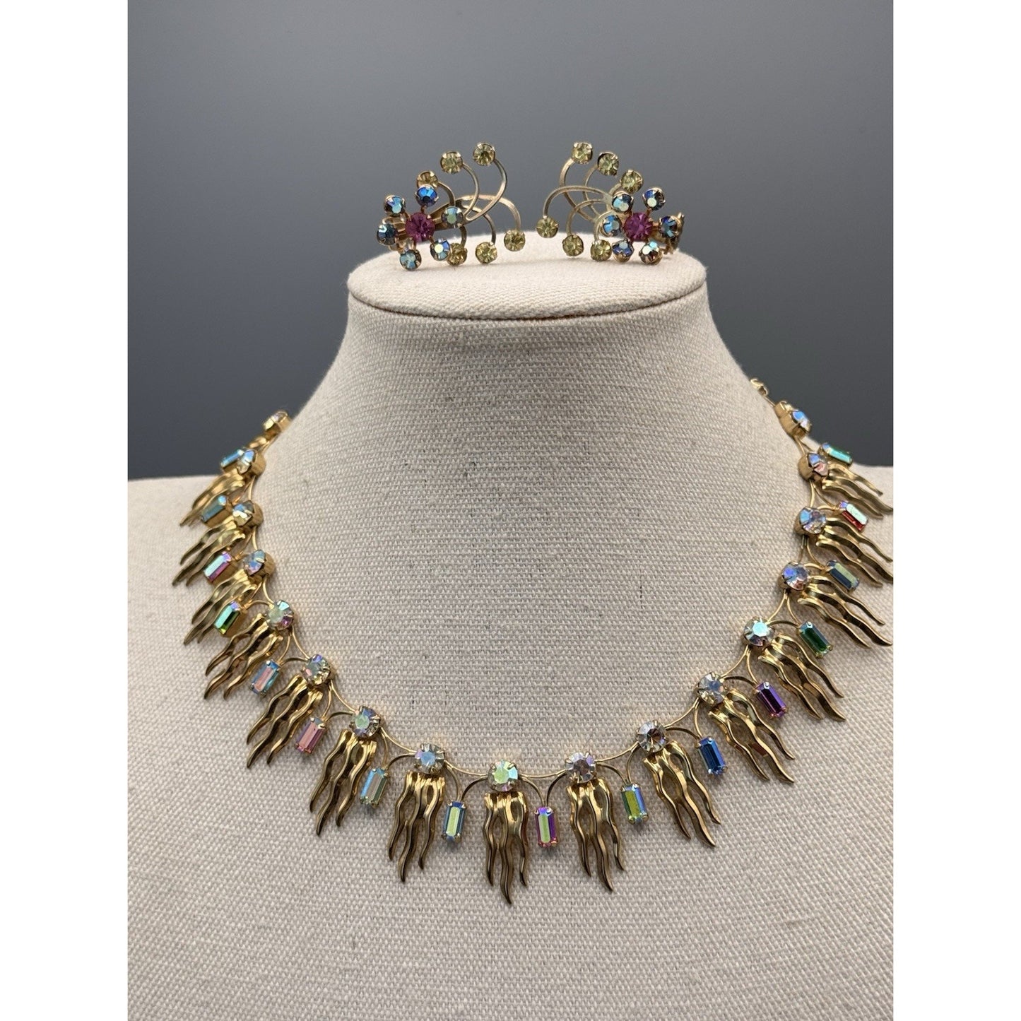 Mid Century Rhinestone Necklace Earrings Set Multicolor AB Goldtone 16”