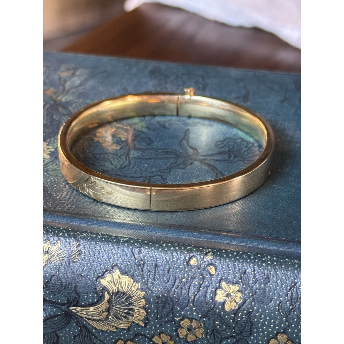Gold-Filled Bangle Bracelet Engraved Leaf Design No Monogram Signed WEH GF 6.75”