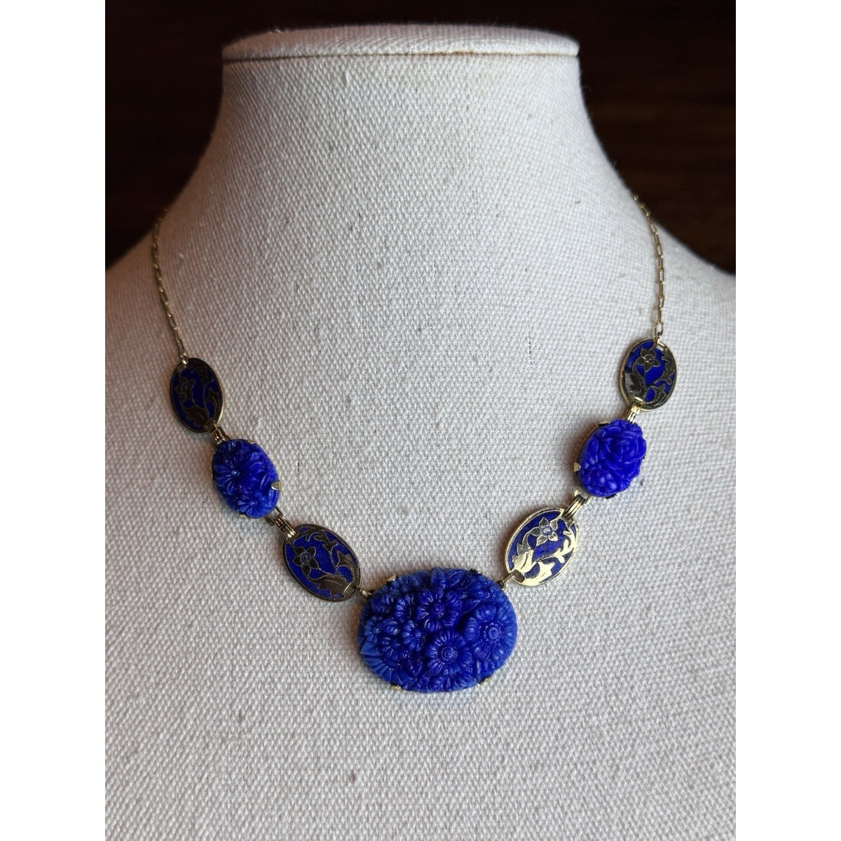 Vintage Czech Necklace Blue Pressed Glass Floral Enamel Goldtone Art Deco 16”