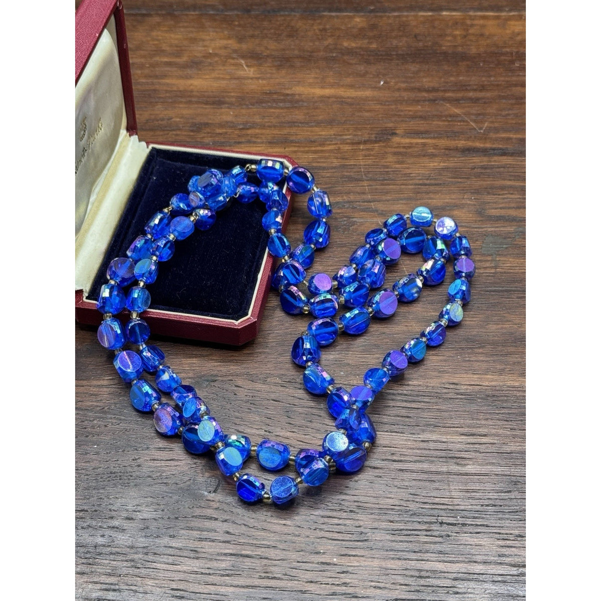 Vintage Blue Lucite AB Bead Necklace Double Strand Faceted Beads 19.5”
