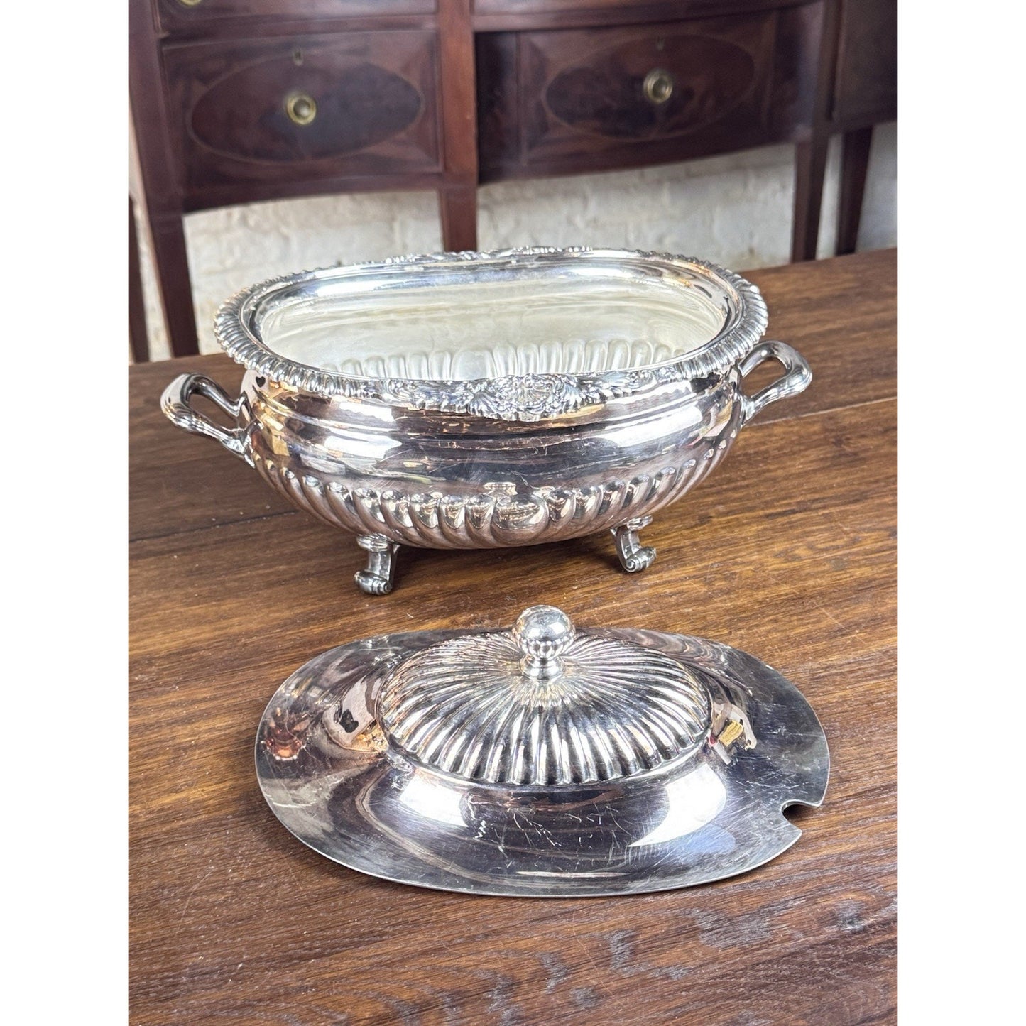 Reed & Barton Silverplate Oval Covered Tureen Serving Dish Ladle Opening 13”