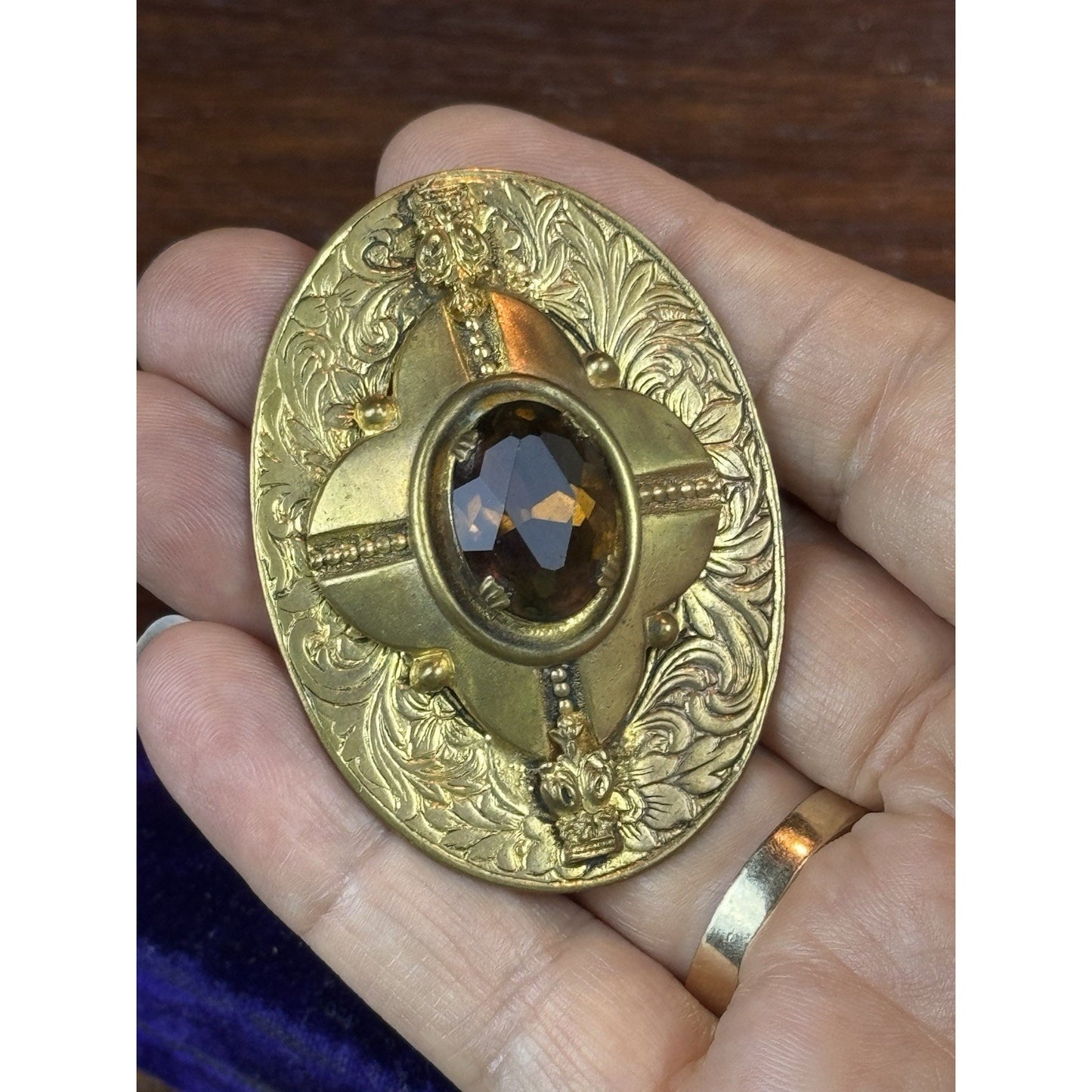 Vintage Brooch Brass Brown Glass Victorian Revival Ornate Oval 2.25”