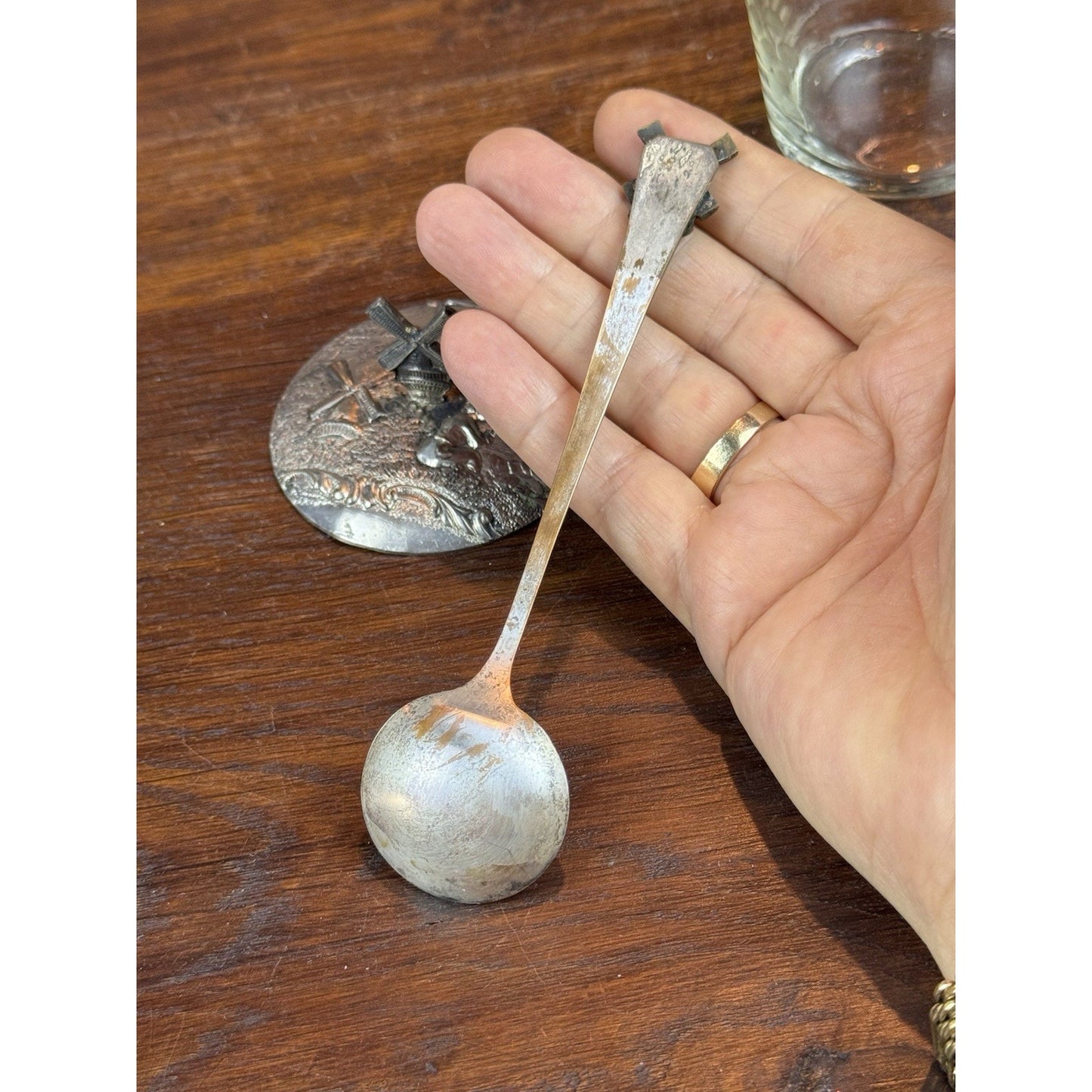 Vintage Dutch Windmill Silverplate Glass Confiture Jam Jar Matching Spoon