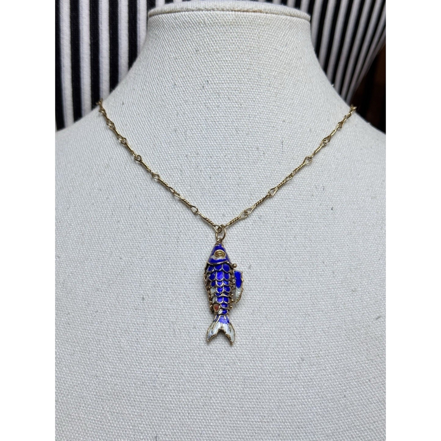 Articulated Koi Fish Pendant Necklace Blue Enamel Goldtone 28” Monet Chain