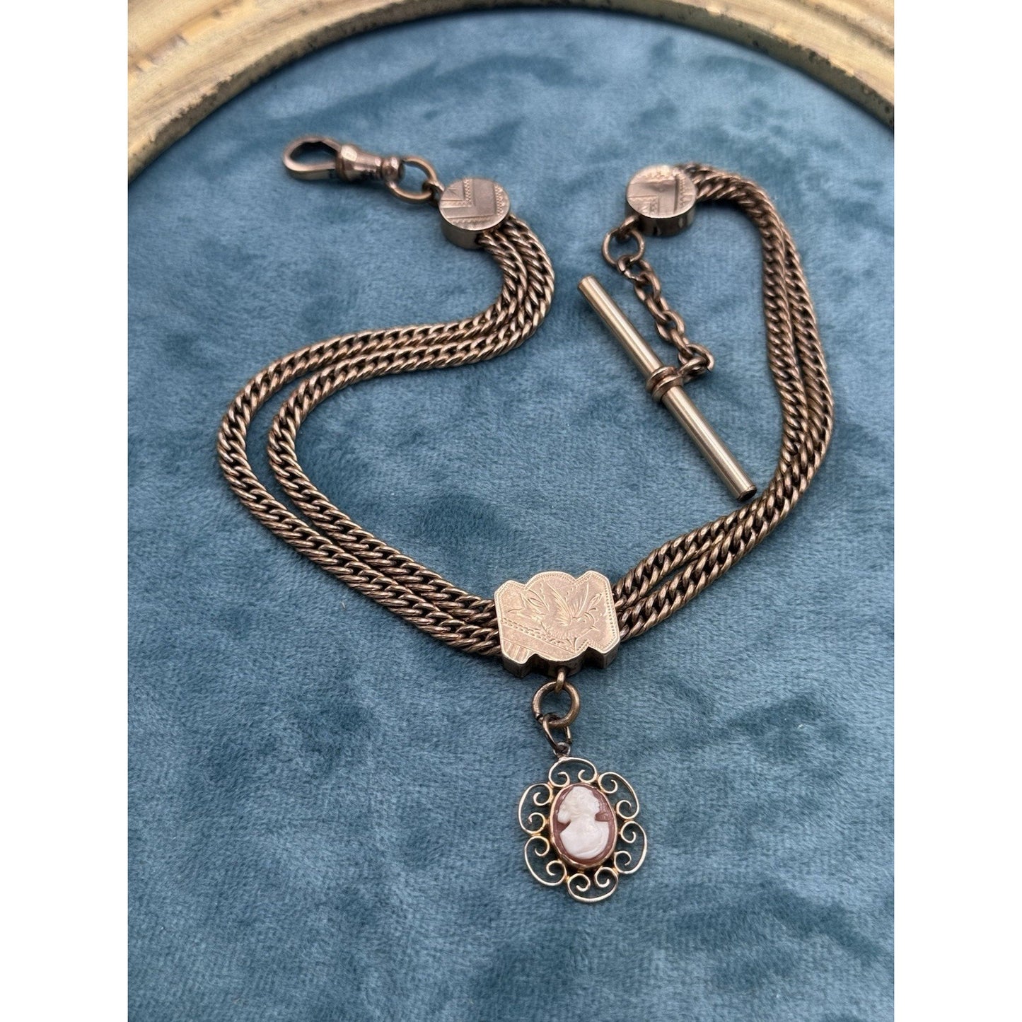Antique Gold Filled Albert Watch Chain Cameo Fob T Bar 12” Victorian