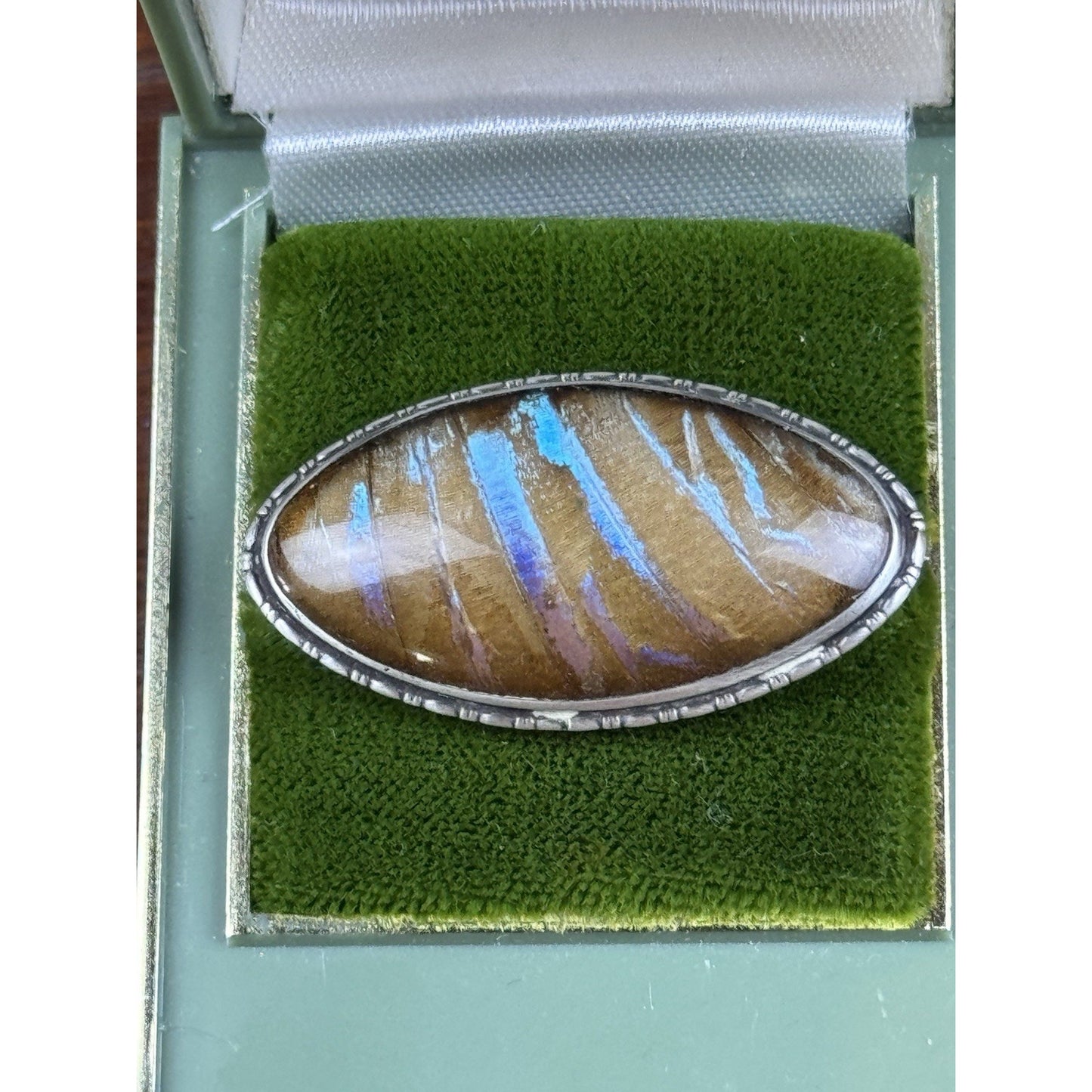 Vintage Sterling Morpho Butterfly Wing Brooch England 1.75” Iridescent