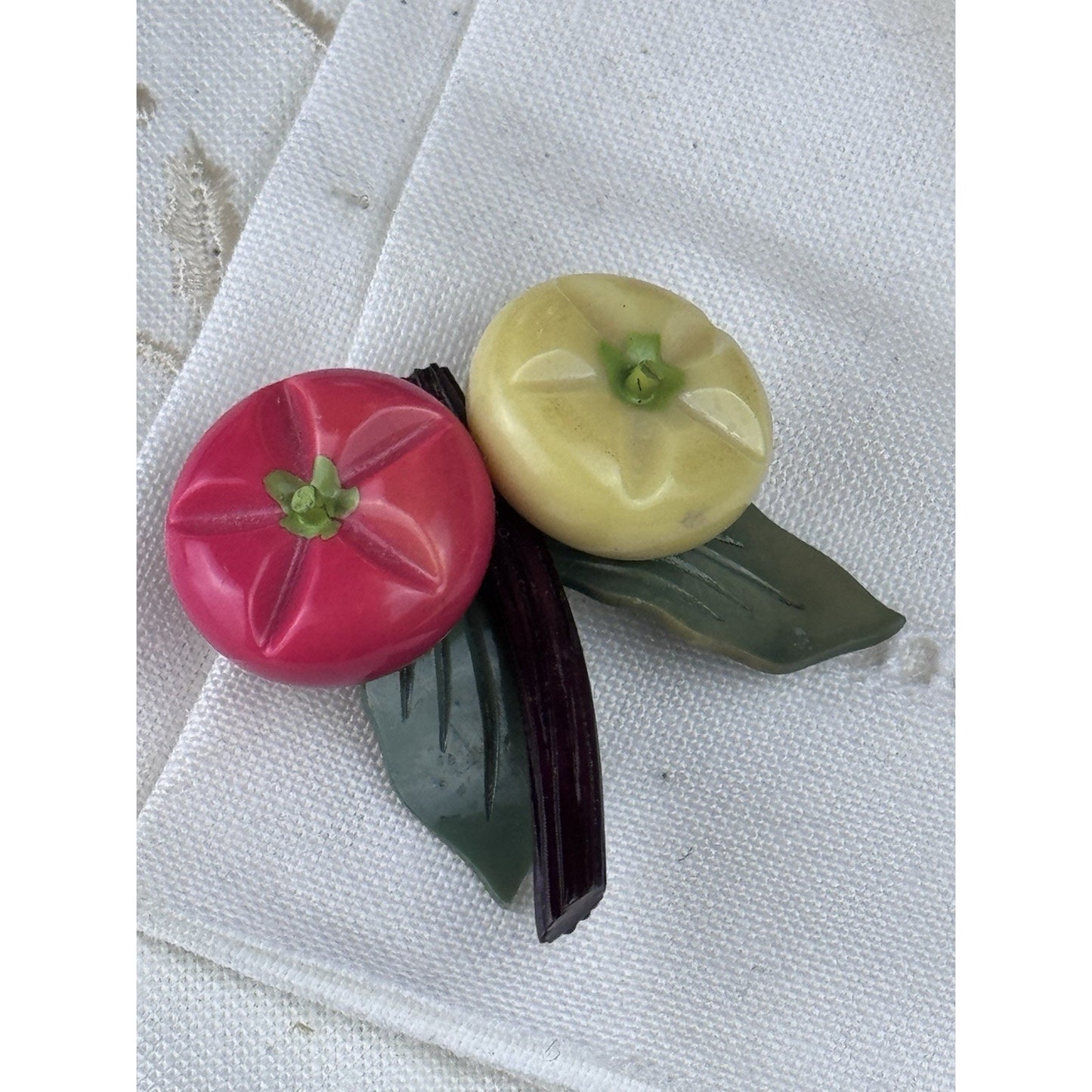 Plastic Fruit Brooch Pink Yellow Persimmon Figural Pin 2” Mid Century VINTAGE