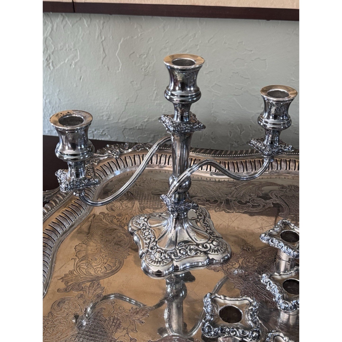 Antique Style Repousse Candelabra Pair Silverplate 3 Light W Snuffers 11”