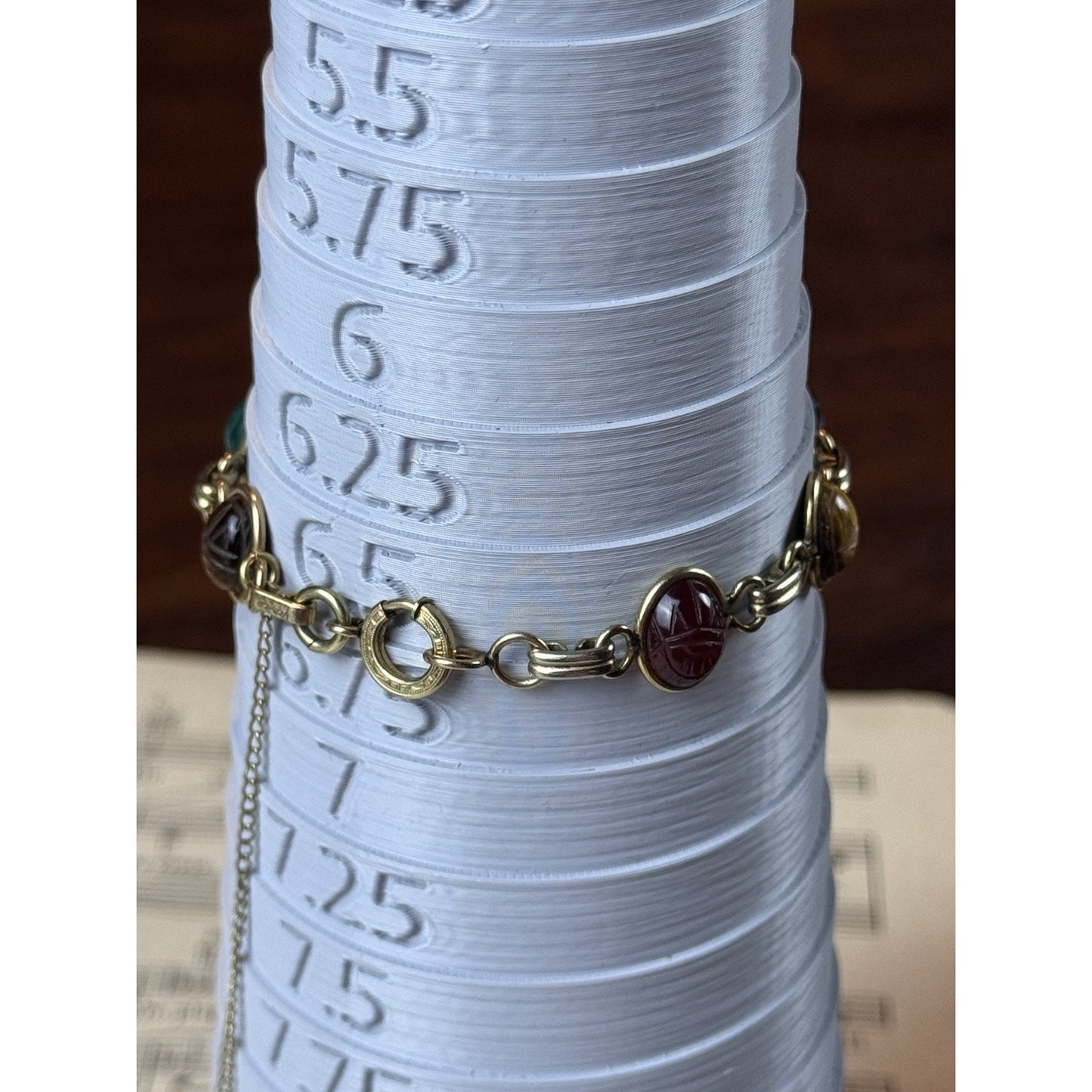 Vintage Gold Filled Scarab Bracelet Carved Stone 6.5” Safety Chain
