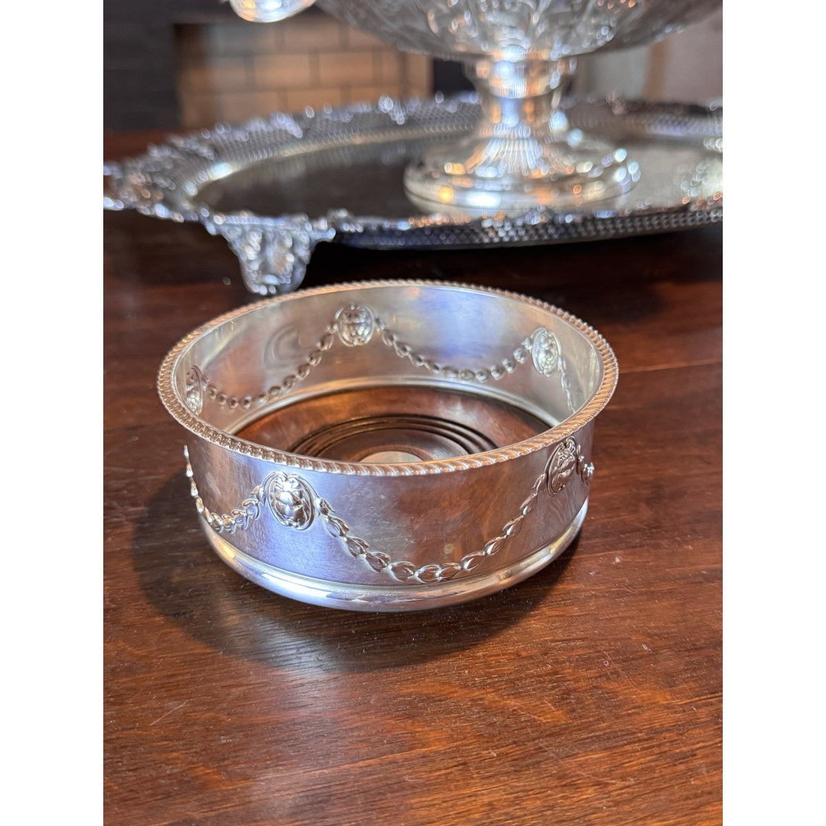 Silverplate Wine Bottle Coaster Wood Base Floral Garland Lion Head 5.5”