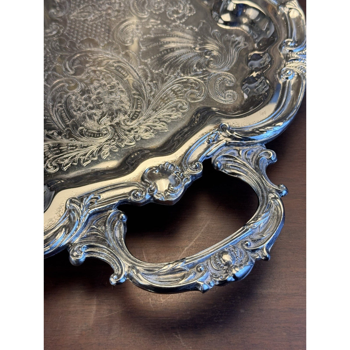 Silverplate Serving Tray Large Footed Serpentine Handled Shell Chased VINTAGE
