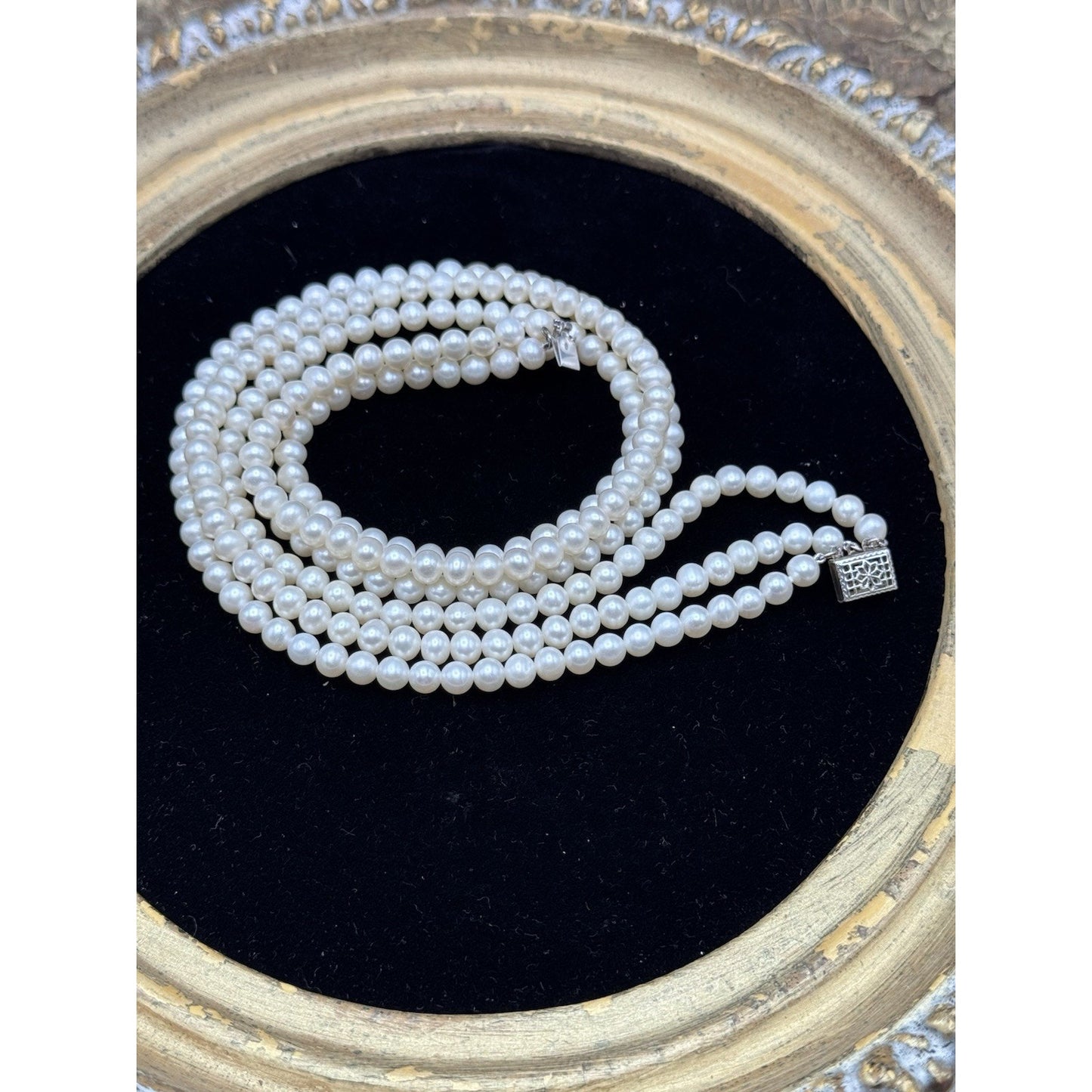 Vintage Cultured Pearl Necklace 3 Strand 16” White Pearls Silvertone Clasp