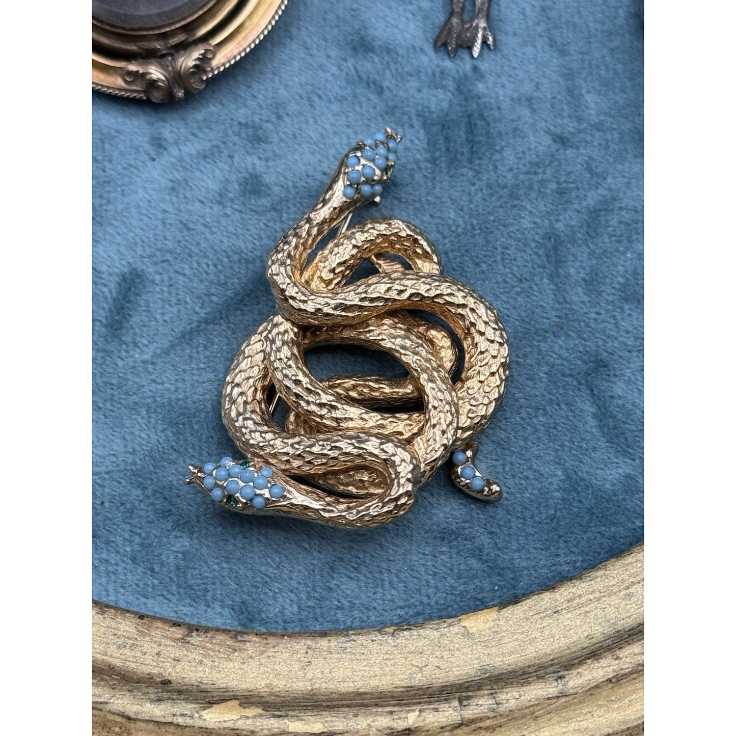 Les Bernard Snake Brooch Goldtone Serpent Blue Cabochon 2” Signed Inc Vintage