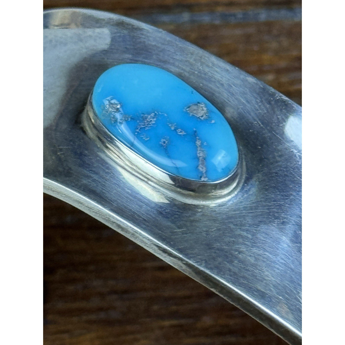 Sterling Silver Cuff Bracelet Blue Stone Wide Modernist Style 6.75” Wrist Size