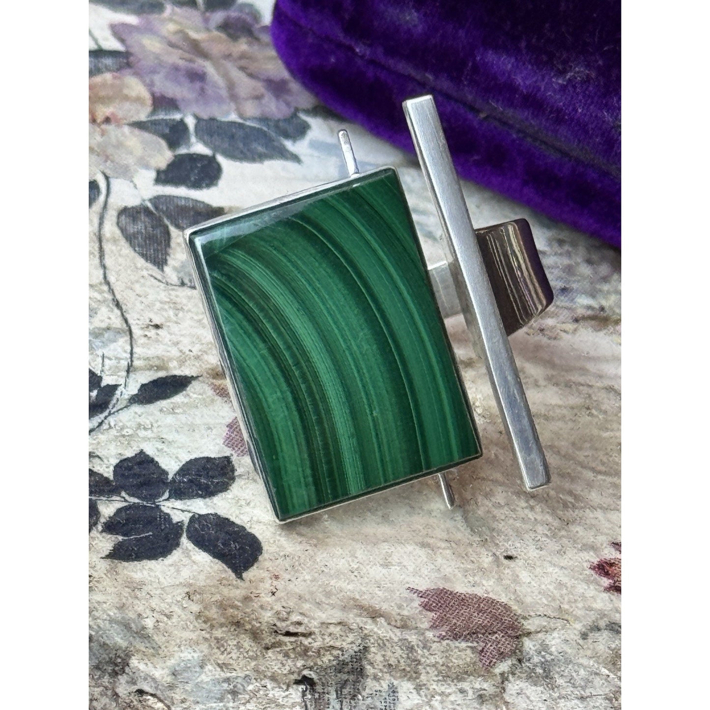 Malachite Ring Sterling Silver Modernist Size 8.5 Adjustable Statement Ring
